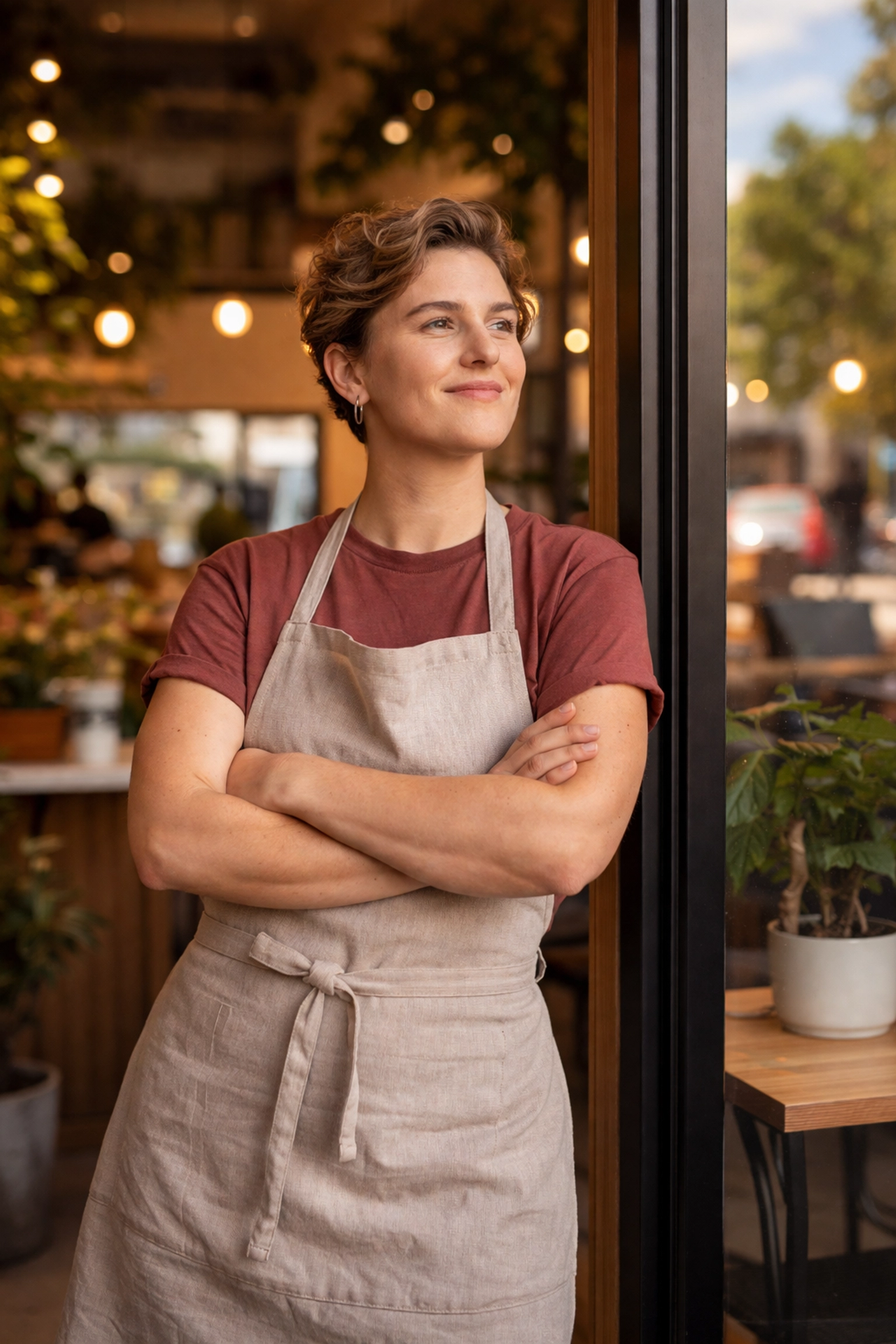 Optimistic shop owner standing in doorway of sunlit business, planning for scalable epos system growth