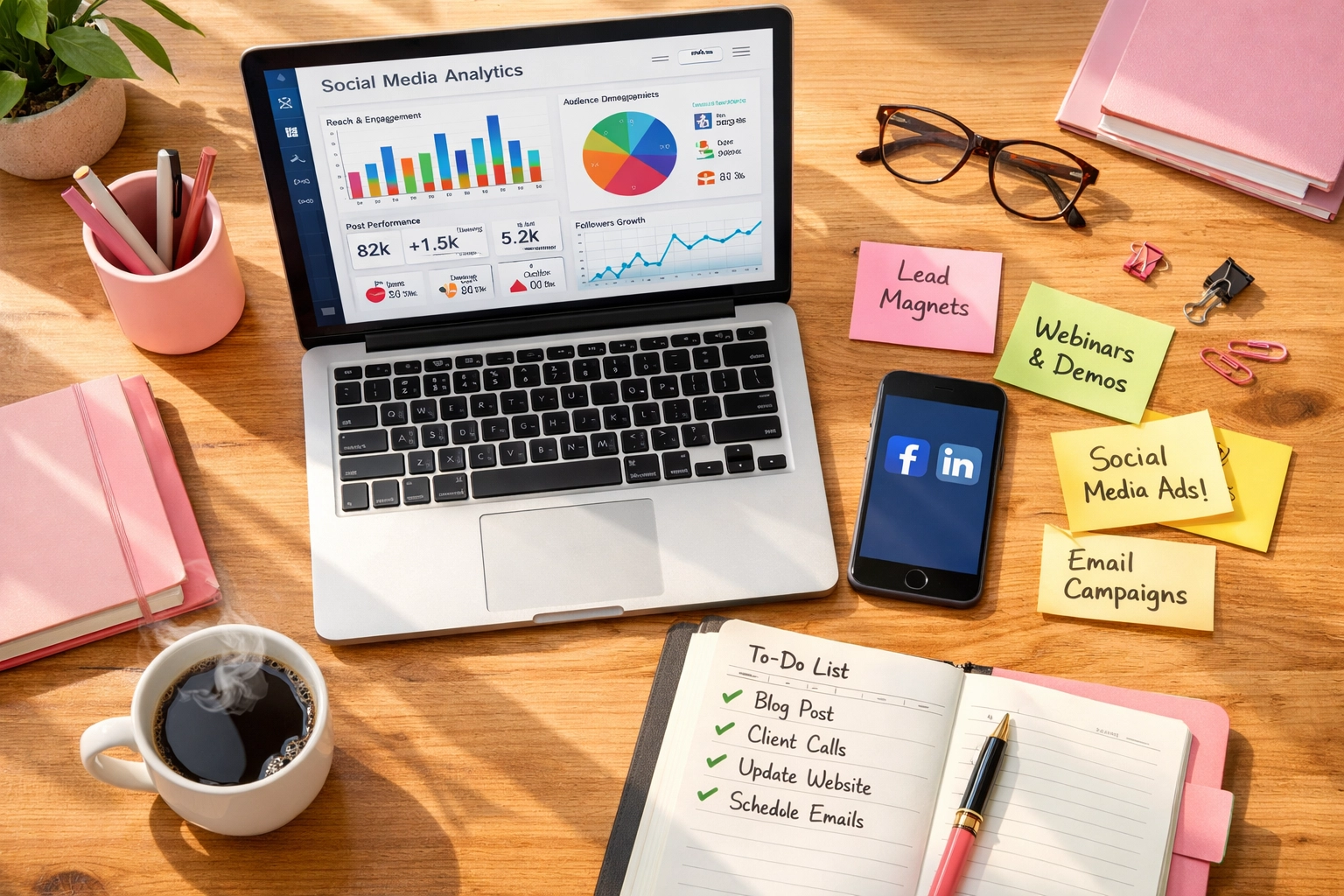 Workspace with laptop showing Facebook and LinkedIn analytics for automated lead generation campaigns