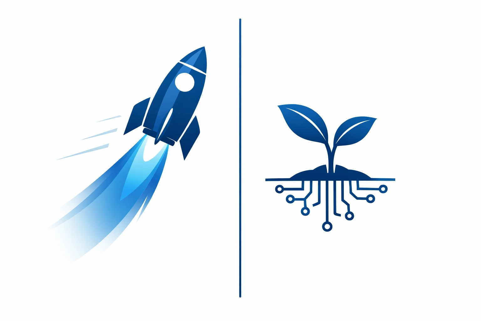 Blue rocket and growing plant illustrating the difference between fast Google Ads and long-term SEO growth