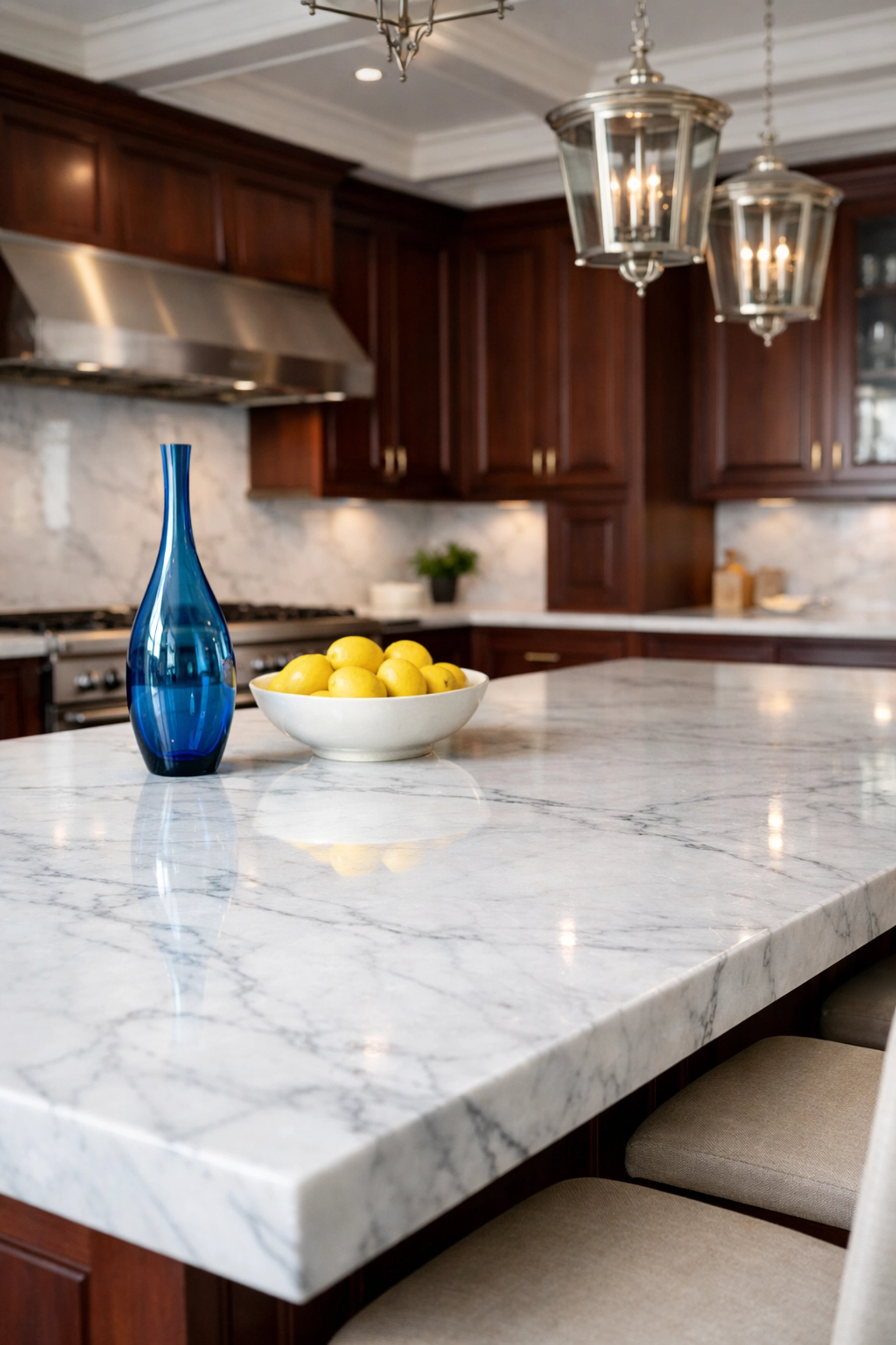 Luxury house cleaning Wellesley MA featuring polished marble and mahogany in a high-end estate kitchen.