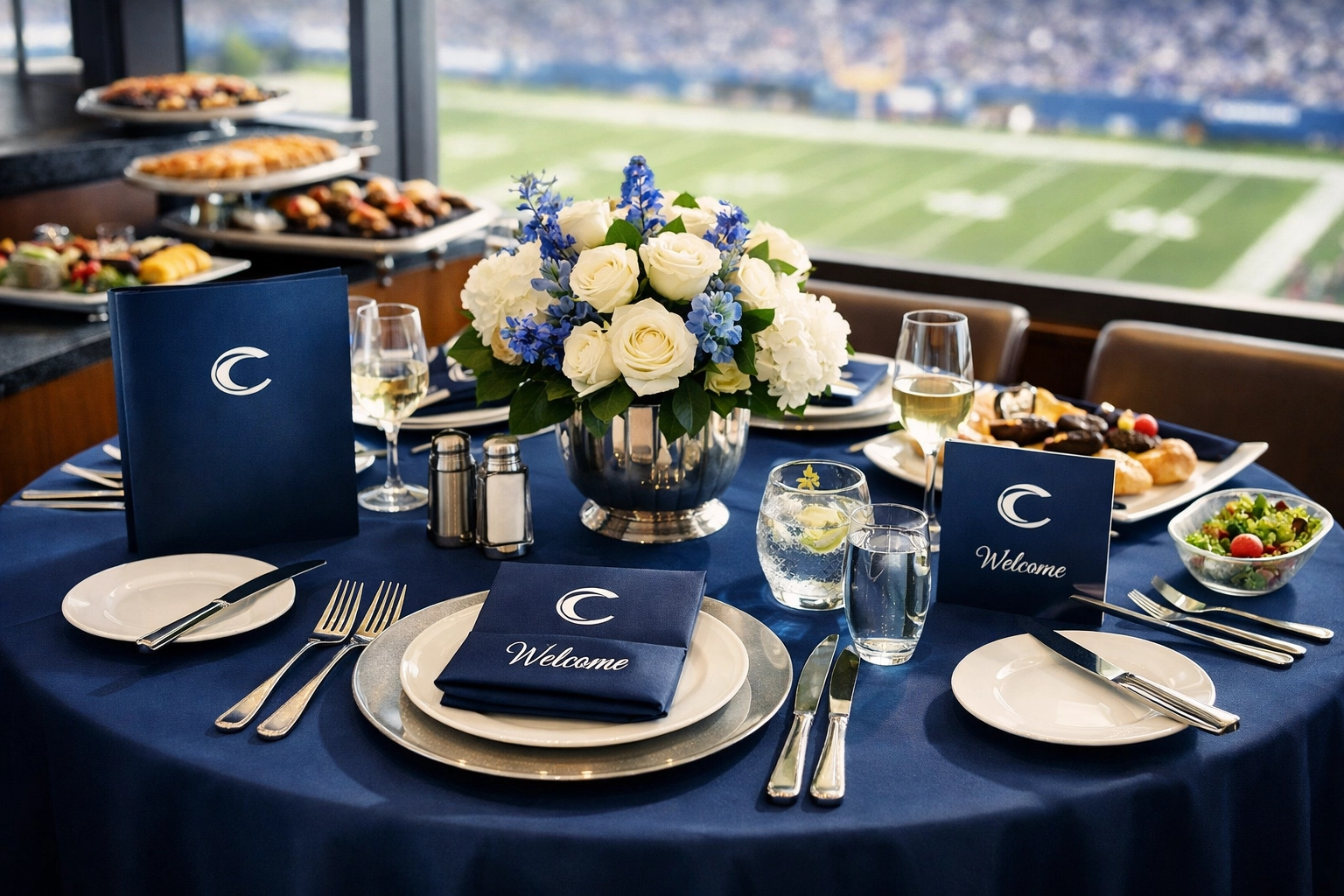 Premium corporate hospitality table setting in luxury Super Bowl suite overlooking stadium