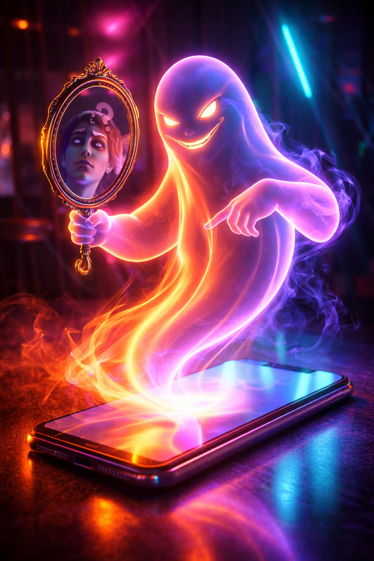 A ghostly figure emerges from a smartphone, symbolizing ghostlighting in modern dating culture