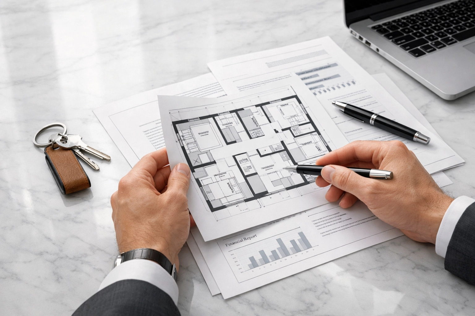 Close-up of home buyers reviewing floor plans and mortgage documents for a new construction home.