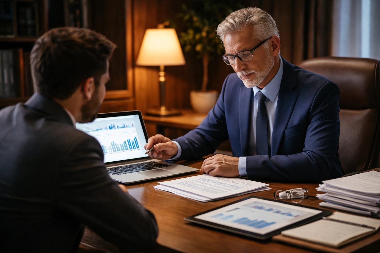 Consultant and client discussing financial reports in a private office, focusing on digital transformation strategies