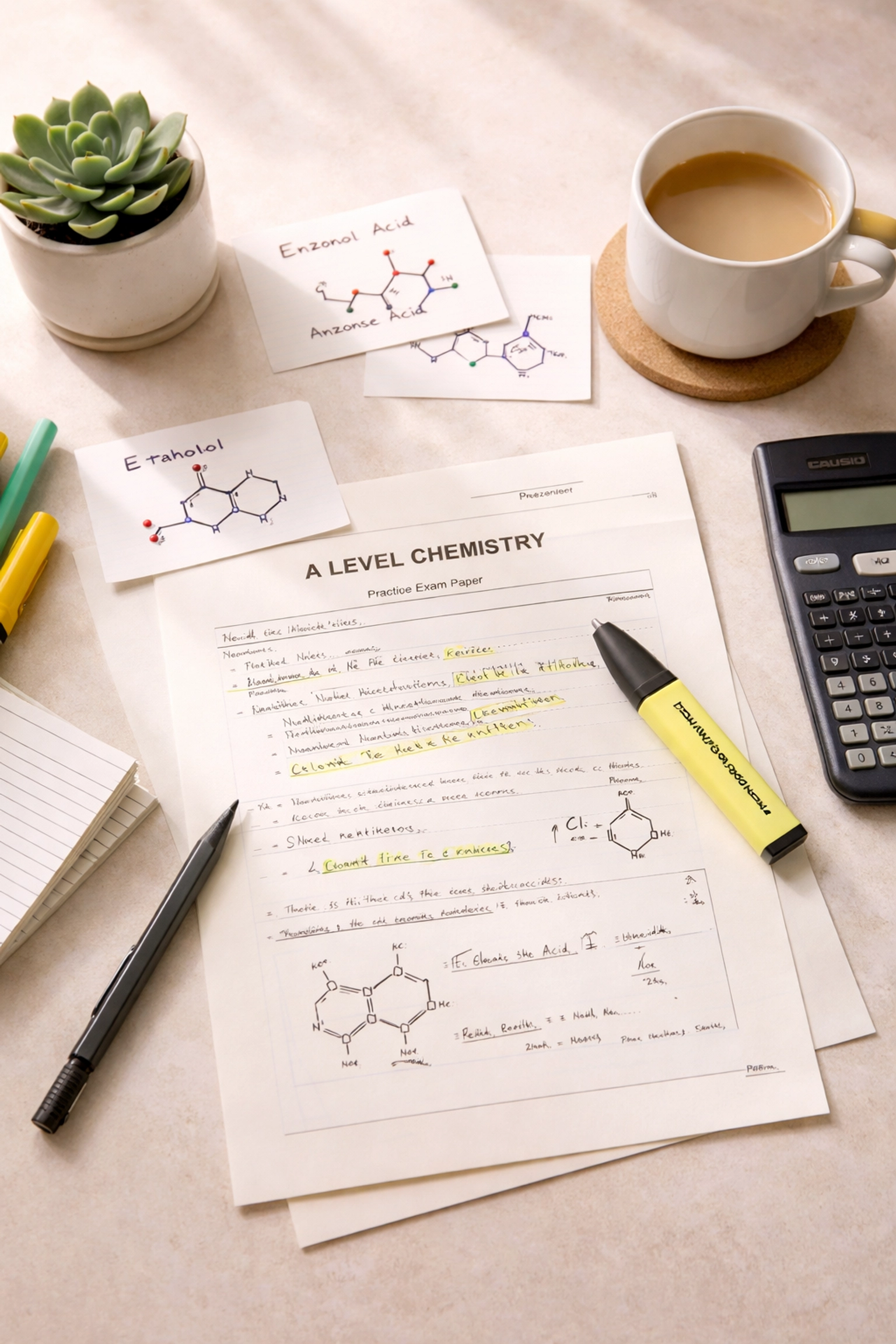 Overhead view of A Level Chemistry revision desk with annotated past paper, calculator, and revision cards illustrating effective study habits with a chemistry tutor.