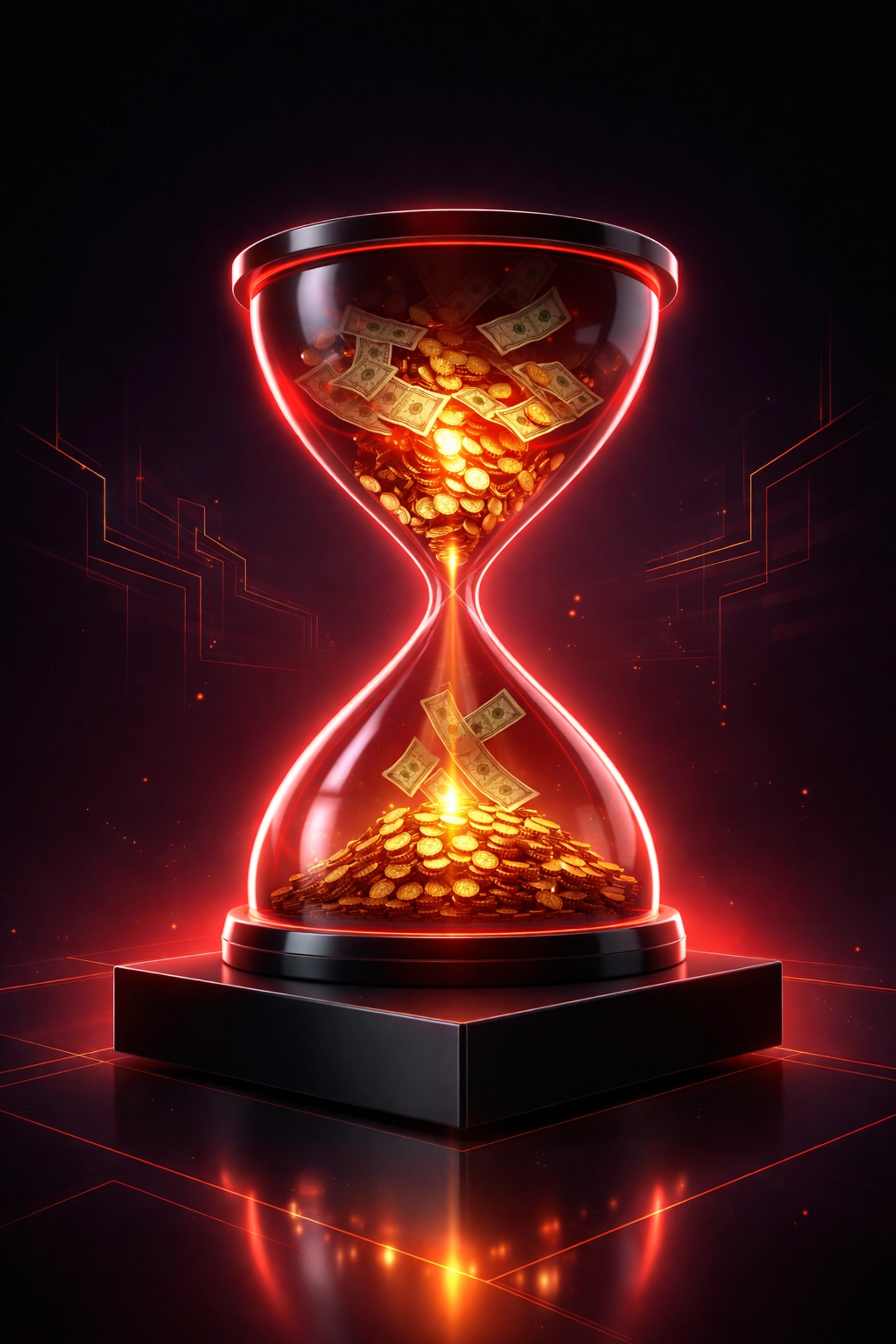 Glowing hourglass with coins and cash symbolizes the time and money saved by automating manual business processes.