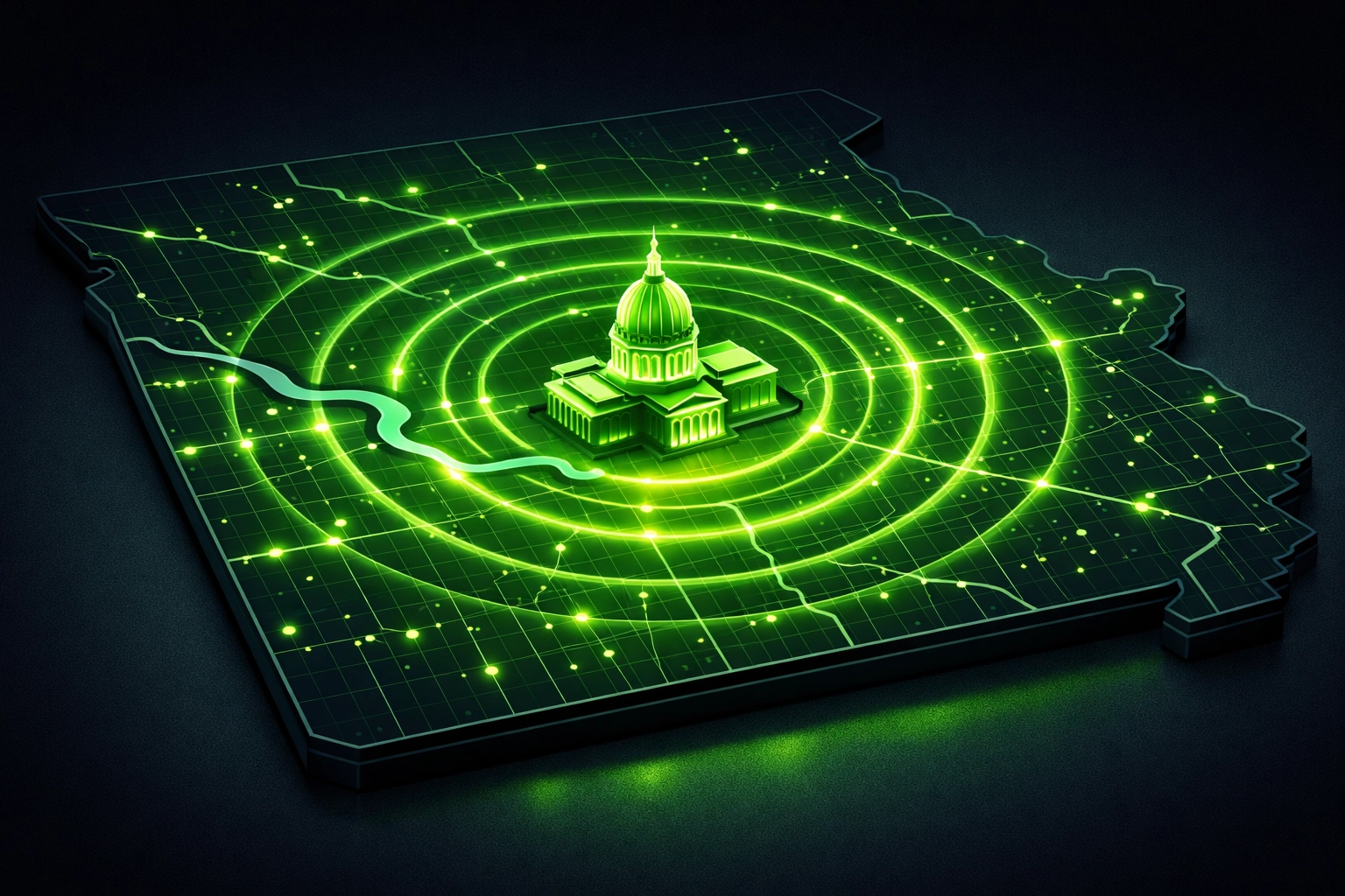 Digital map of Jefferson City MO showing a 30-mile plumbing service radius.