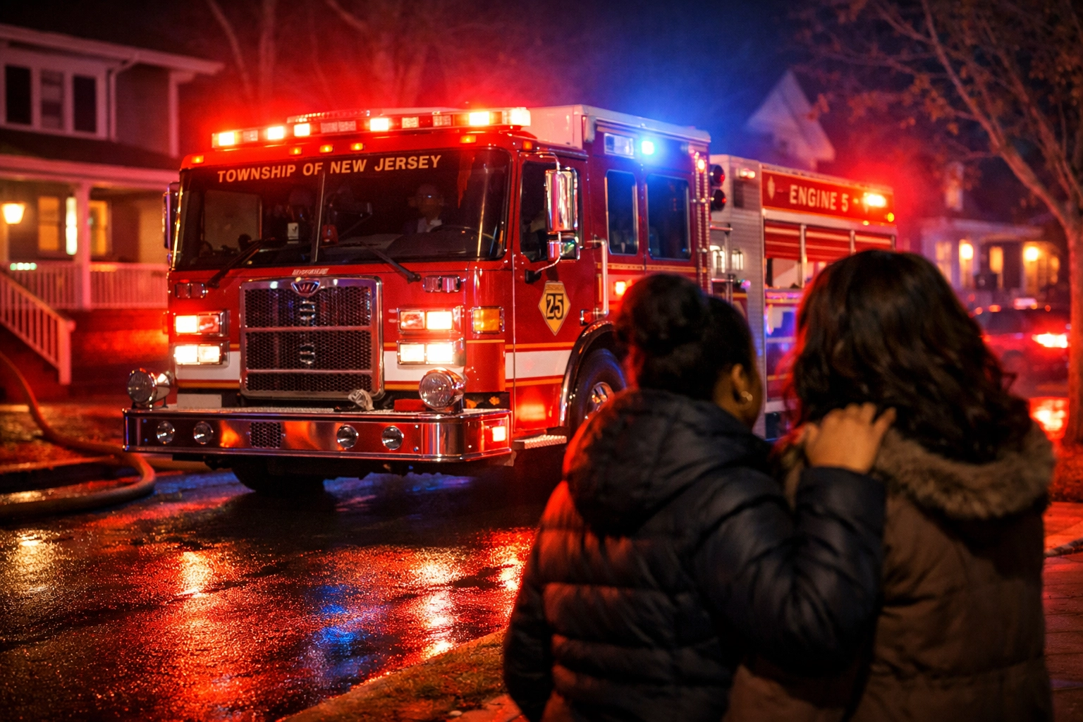 Fire engine at night with flashing lights.