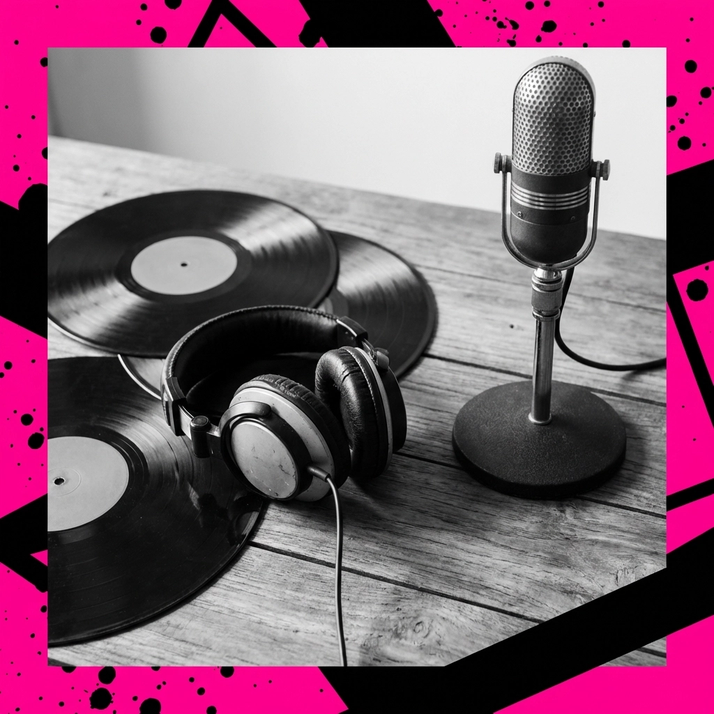 Vinyl records, headphones, and mic represent independent music trends and urban entertainment news for 2026
