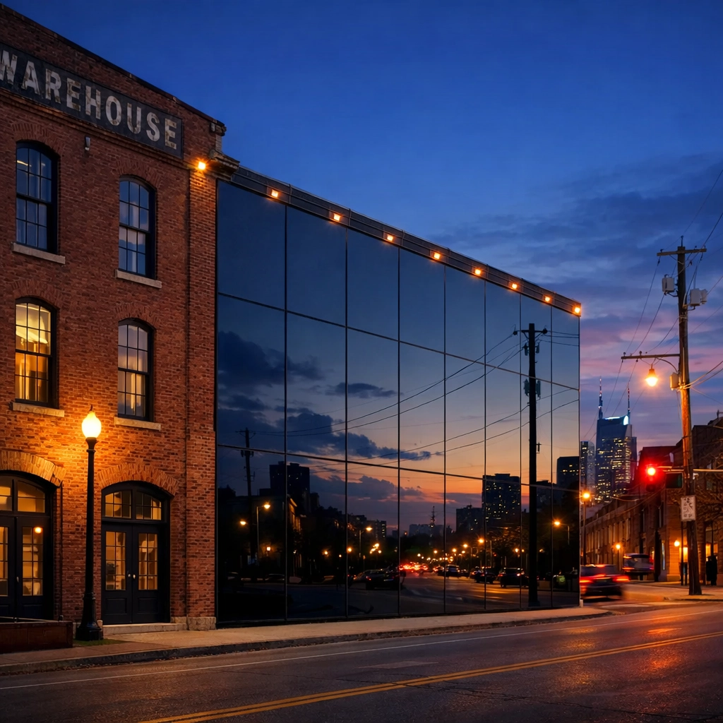 A Nashville warehouse retrofitted with smart glass, representing modern civic infrastructure.