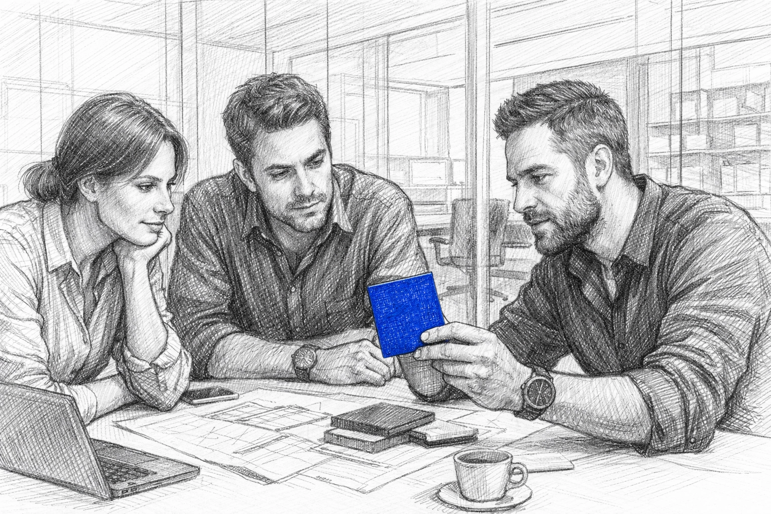 Interior designers reviewing a product presentation and material samples in an A&D firm conference room.