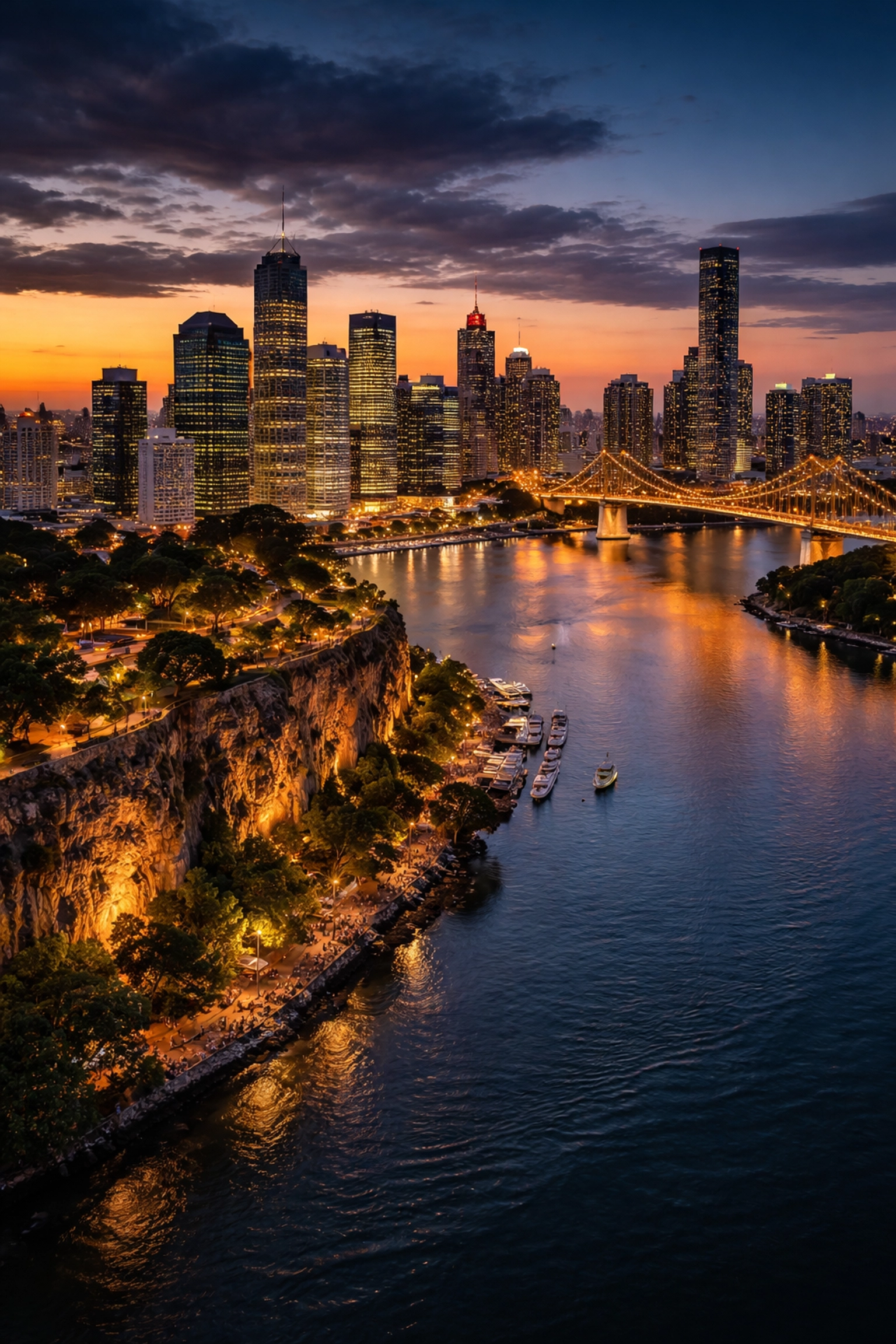 Aerial view of Kangaroo Point and Story Bridge at twilight, illustrating prime Brisbane rental market suburbs