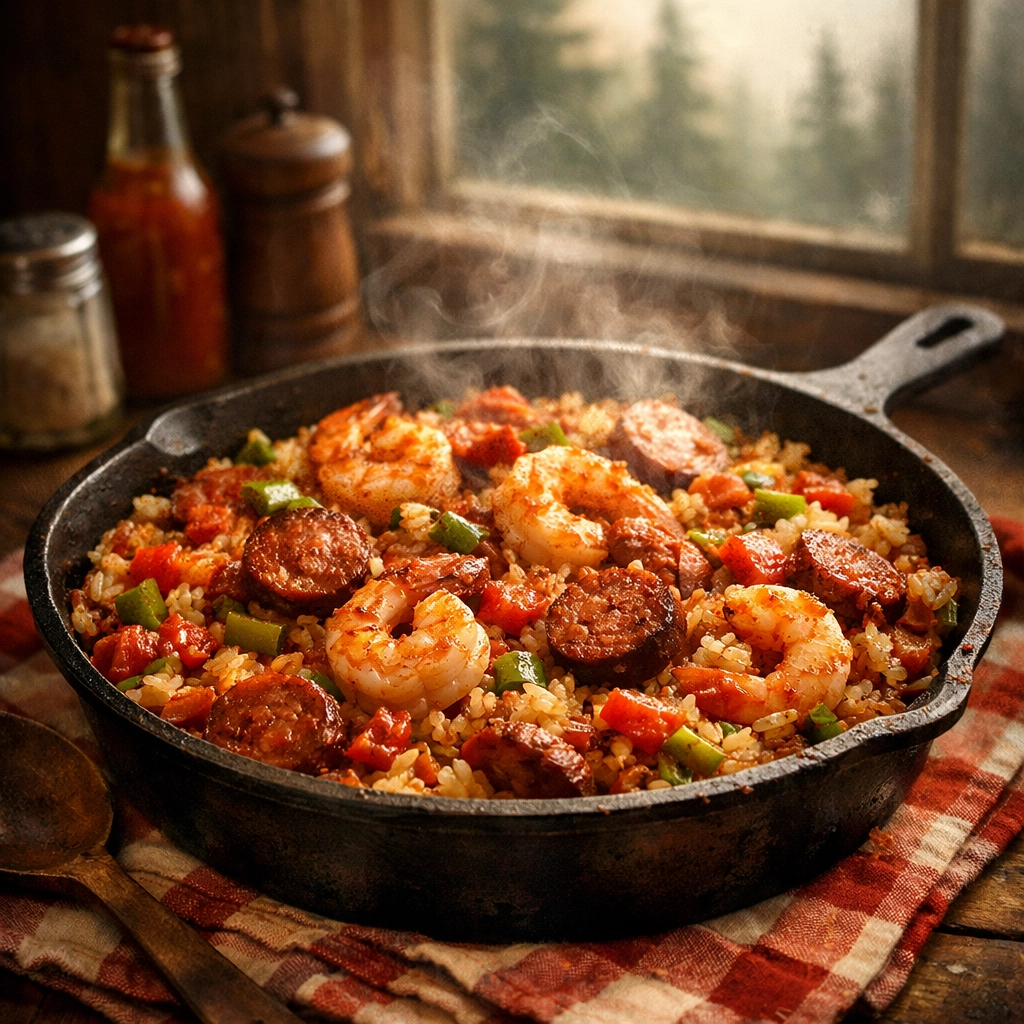 Savory Southern jambalaya with shrimp and sausage, showcasing authentic recipes and local PNW ingredients.
