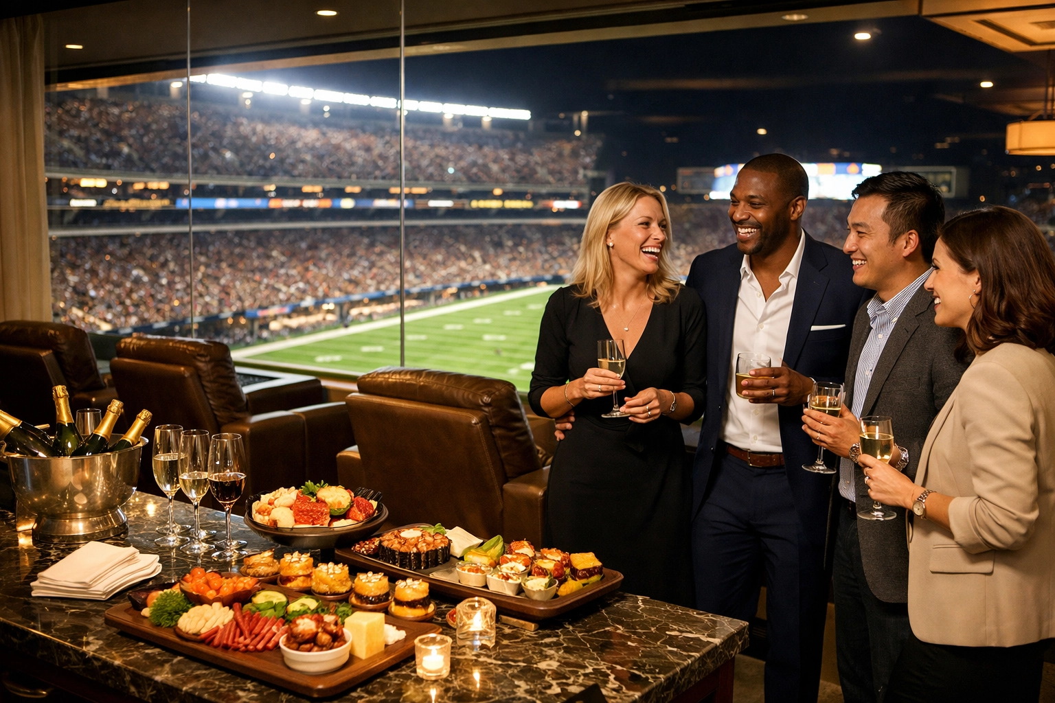 Executives networking in a luxury Super Bowl hospitality suite, highlighting premium brand hosting and engagement.