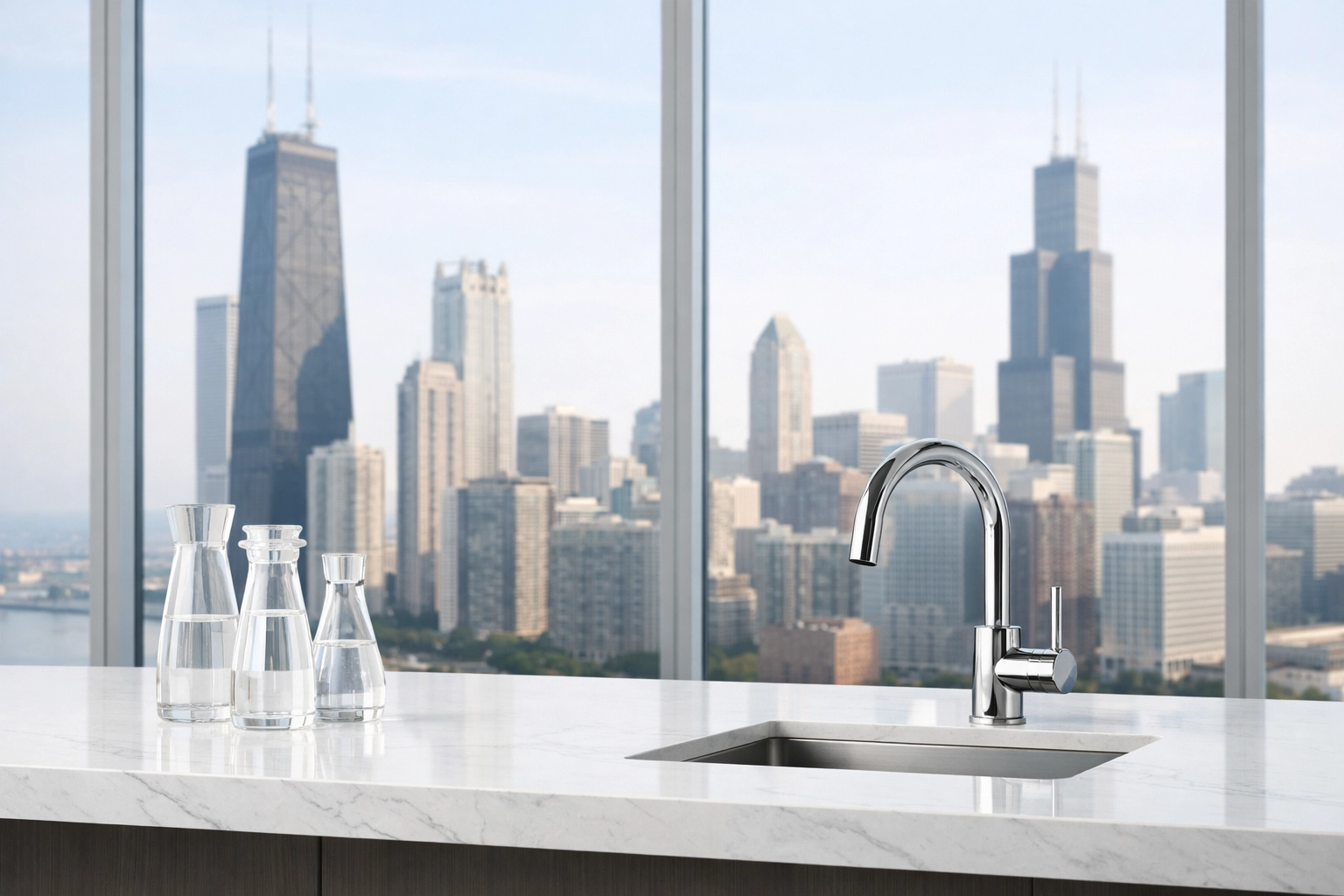 Clean commercial office breakroom in a Chicago skyscraper showing routine janitorial maintenance.