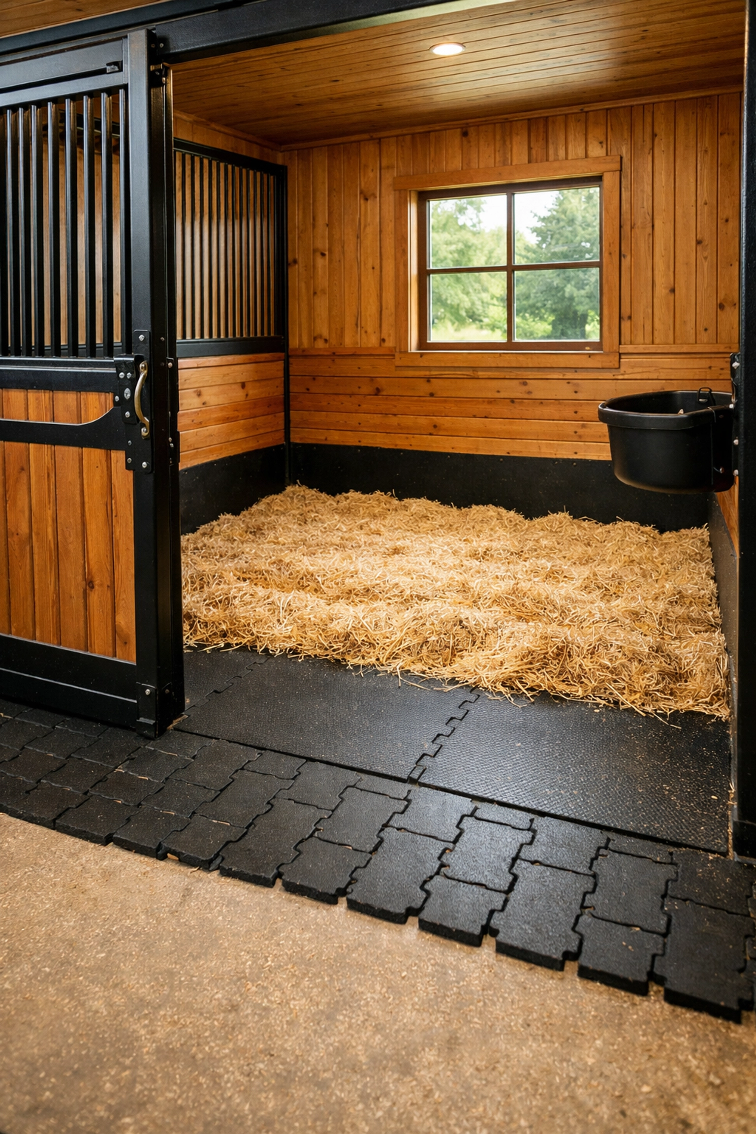 Custom horse stall with rubber mats, hardwood walls, and premium safety features