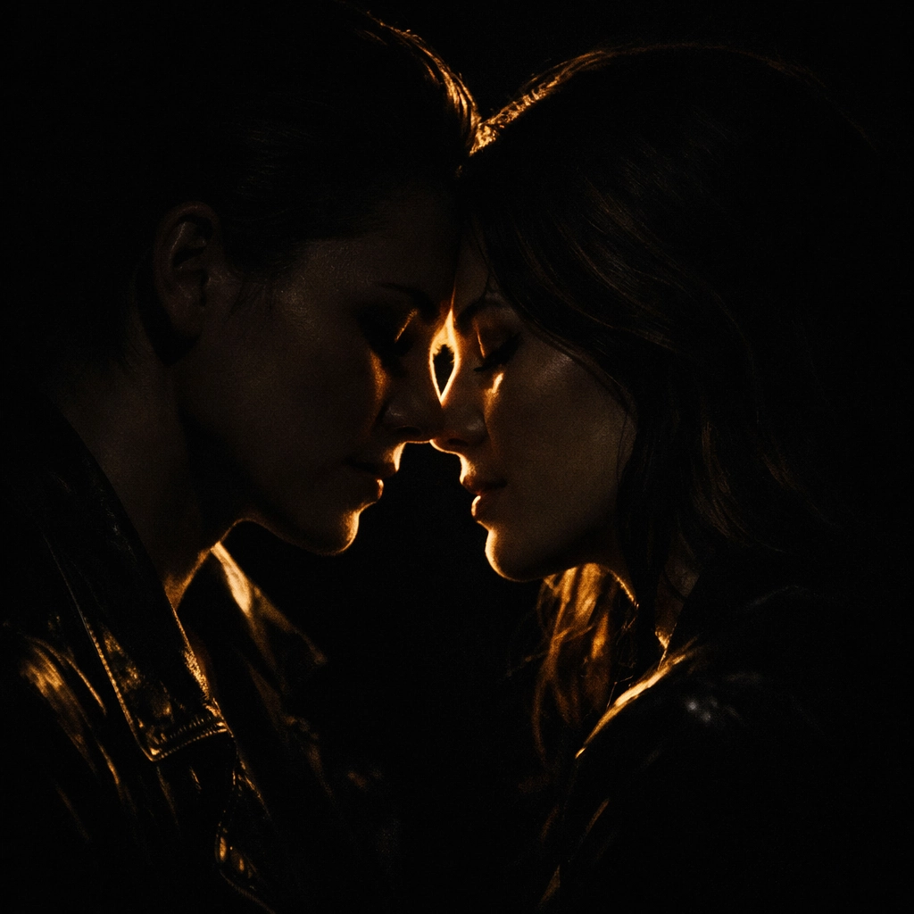 A dramatic, intimate portrait of a lesbian couple with foreheads touching in warm golden light.
