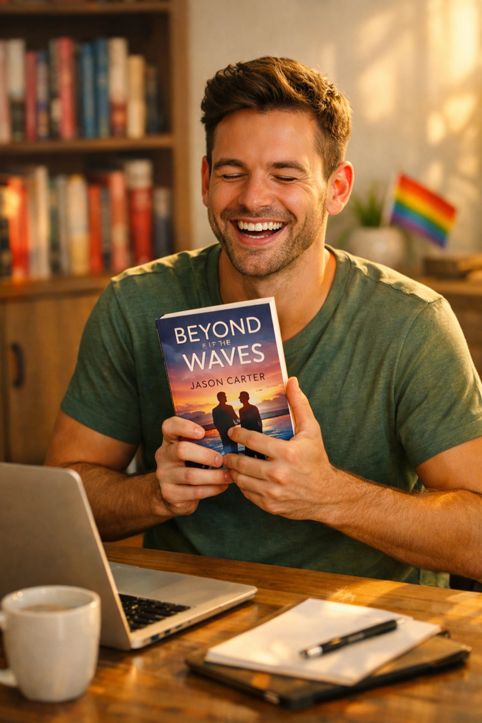 A successful gay author holding his novel at a sunny desk, celebrating high ebook royalties.