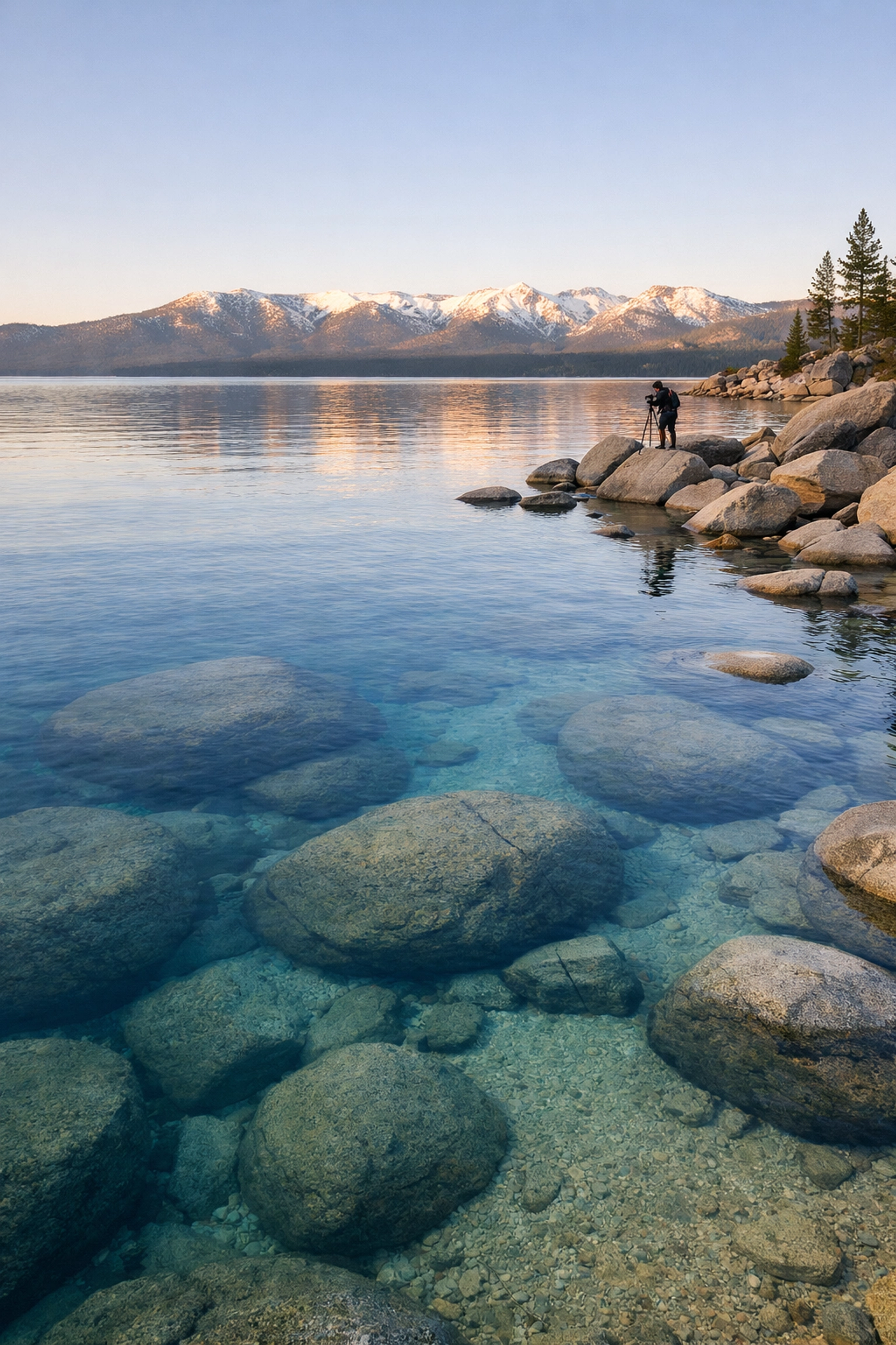 Golden hour sunrise over Sand Harbor, showcasing clear water and one of the best Lake Tahoe photography locations.