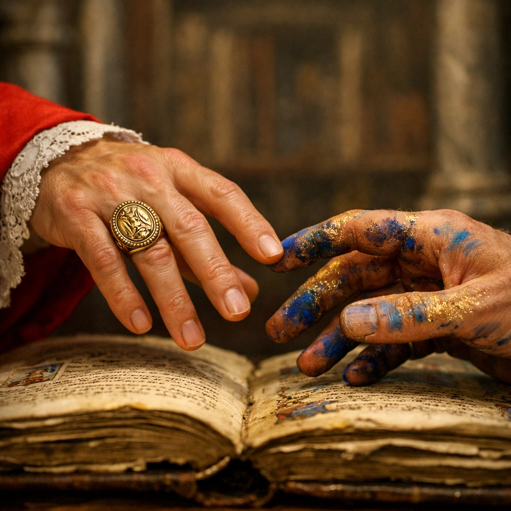Close-up of a Cardinal and scribe's hands almost touching over an ancient manuscript, symbolizing forbidden love.