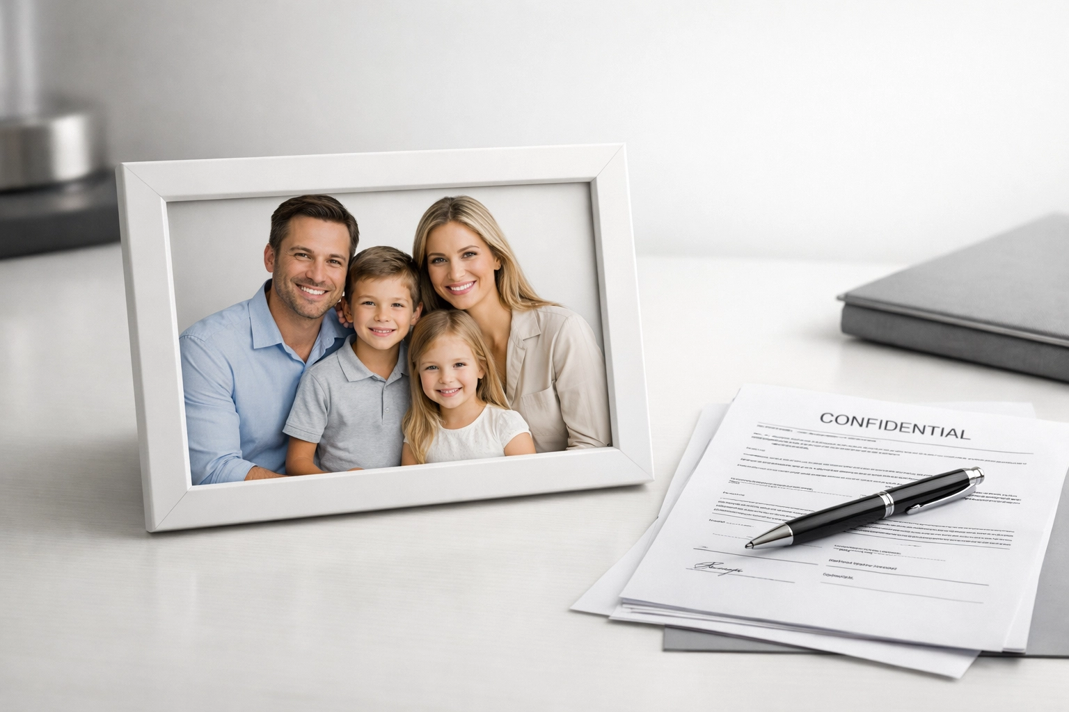 Family portrait with life insurance policy documents representing beneficiary protection planning