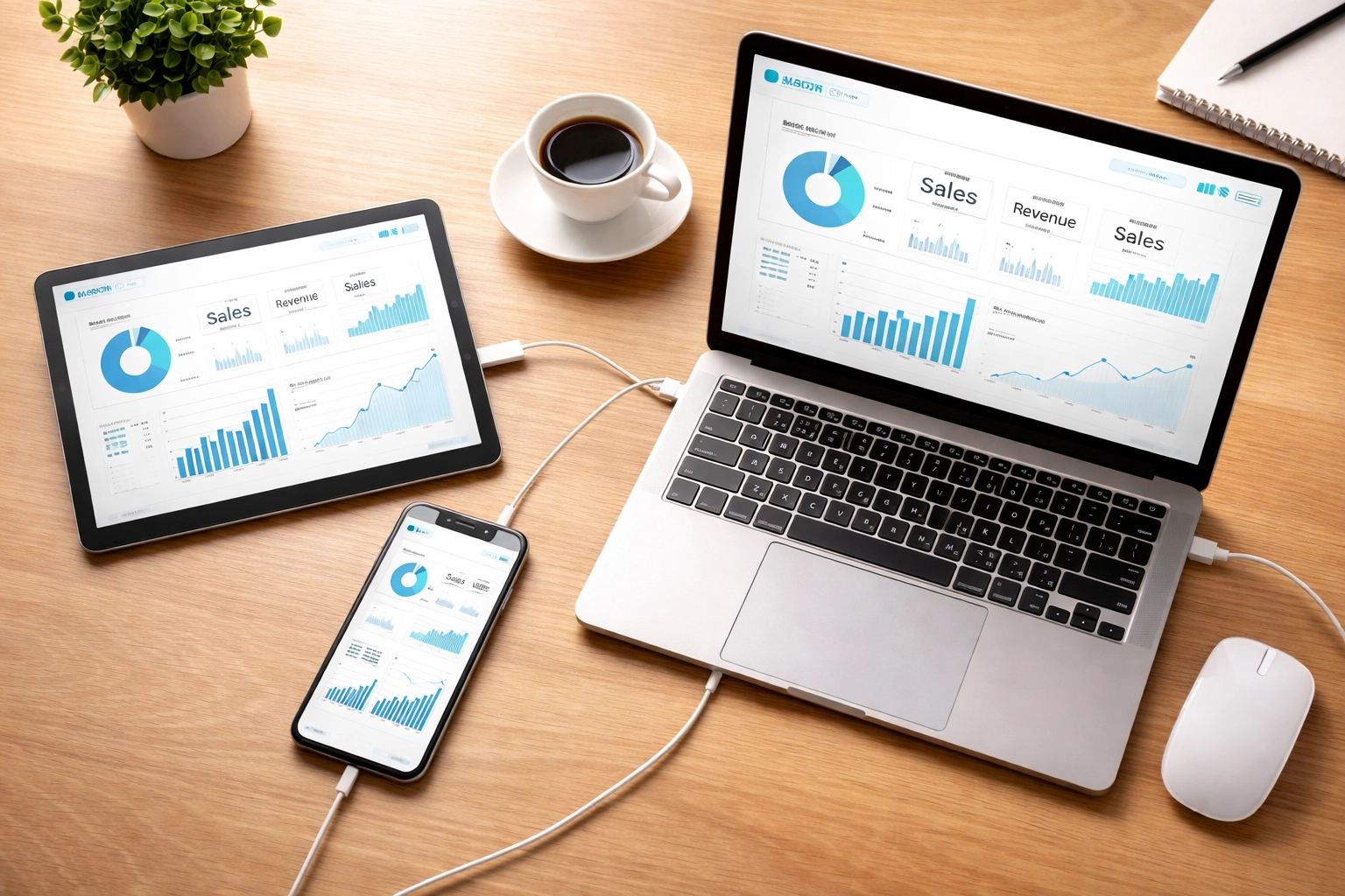 Tablet, smartphone, and laptop syncing dashboard data to showcase integrated accounting systems for efficient bookkeeping.