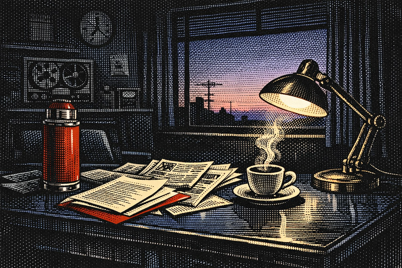 Early morning newsroom desk with coffee and newspapers at dawn representing biblical news clarity