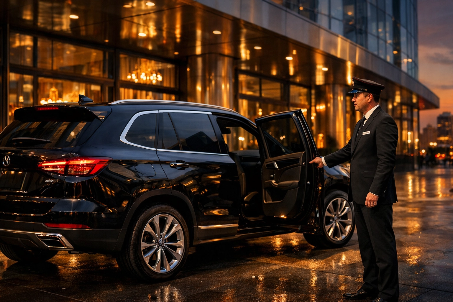 Executive transportation service with chauffeur and luxury SUV at premium hotel