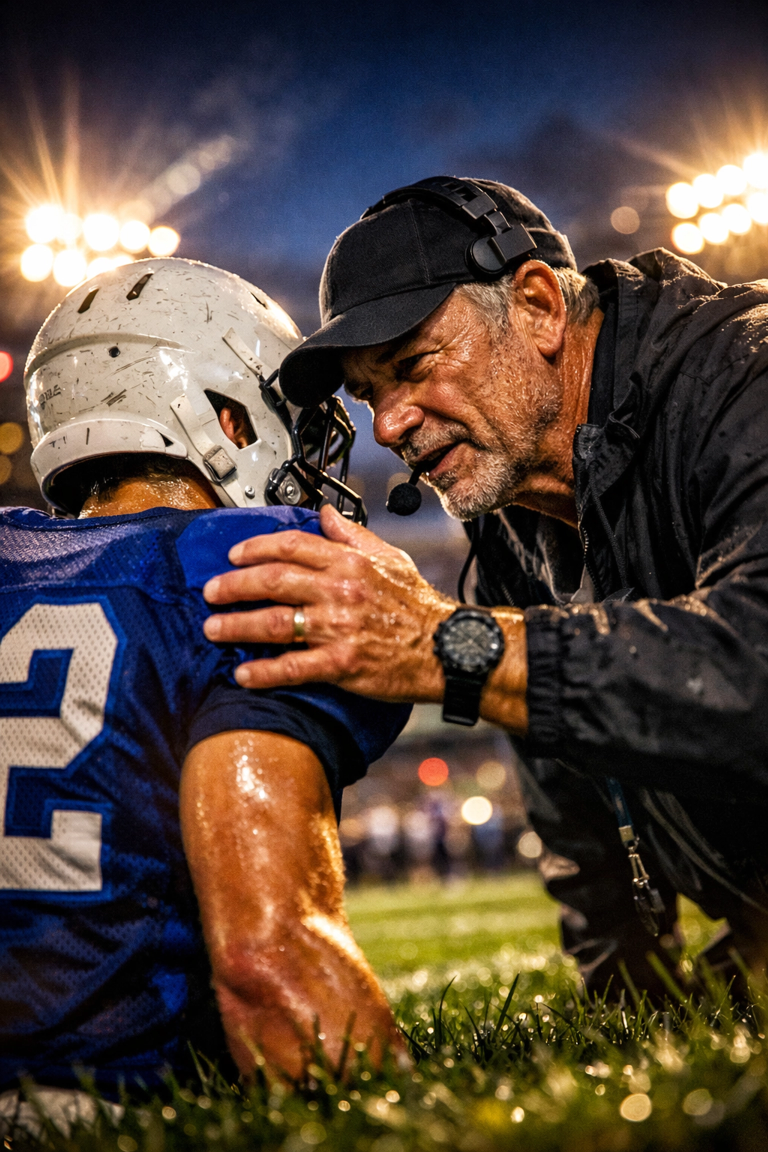 A coach mentoring a young player on a football field, highlighting leadership and sports legacy building.