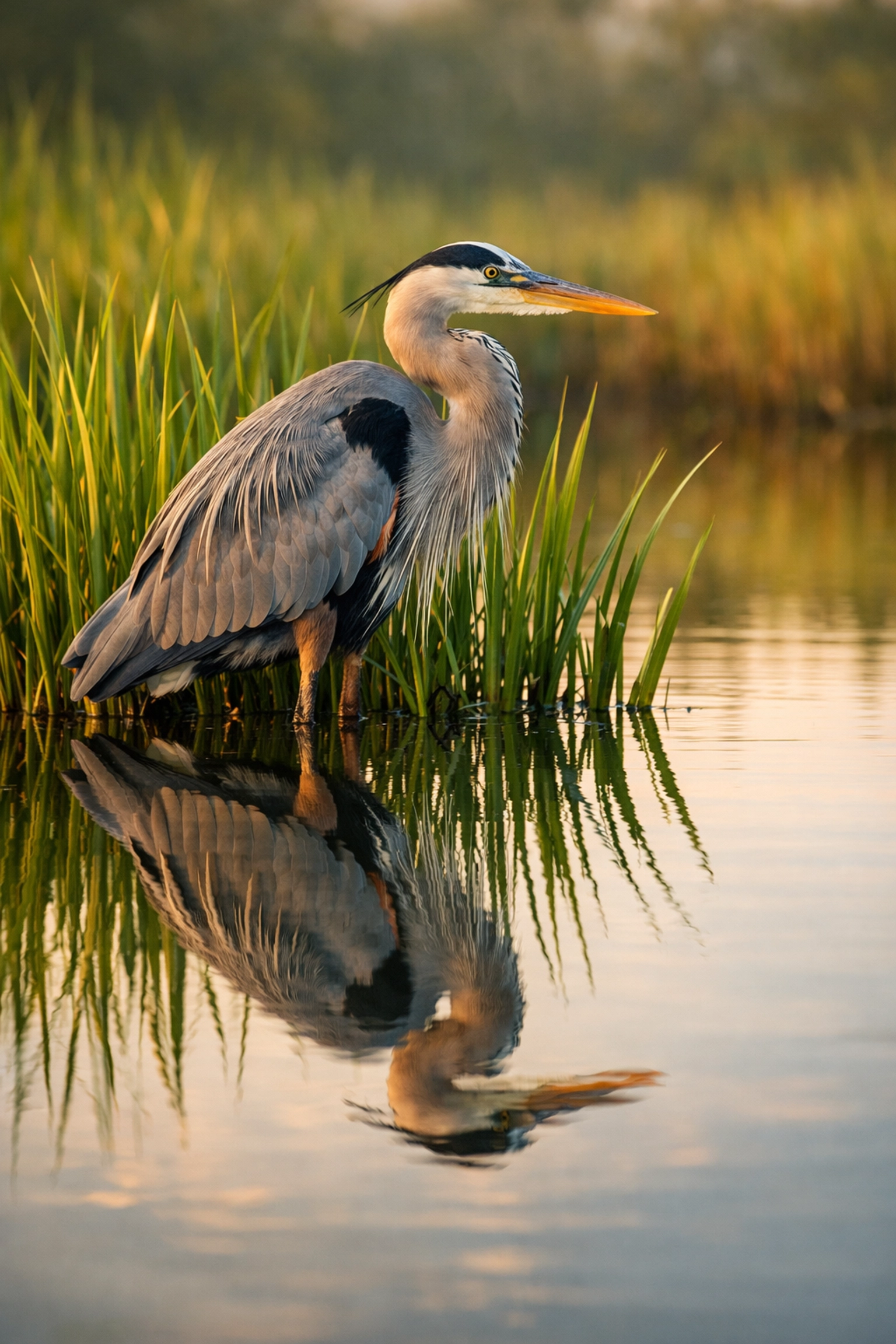 A Great Blue Heron in the Florida Everglades sawgrass, a top spot for wildlife photography.