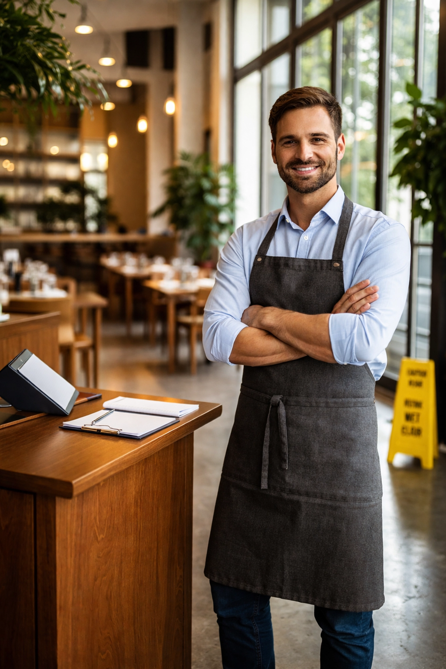 Restaurant manager in modern dining space where general liability insurance protects against customer injuries