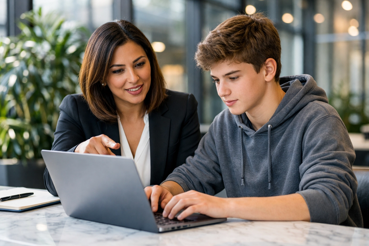 Professional mentor and student collaborating on cloud computing projects in a modern tech workspace.