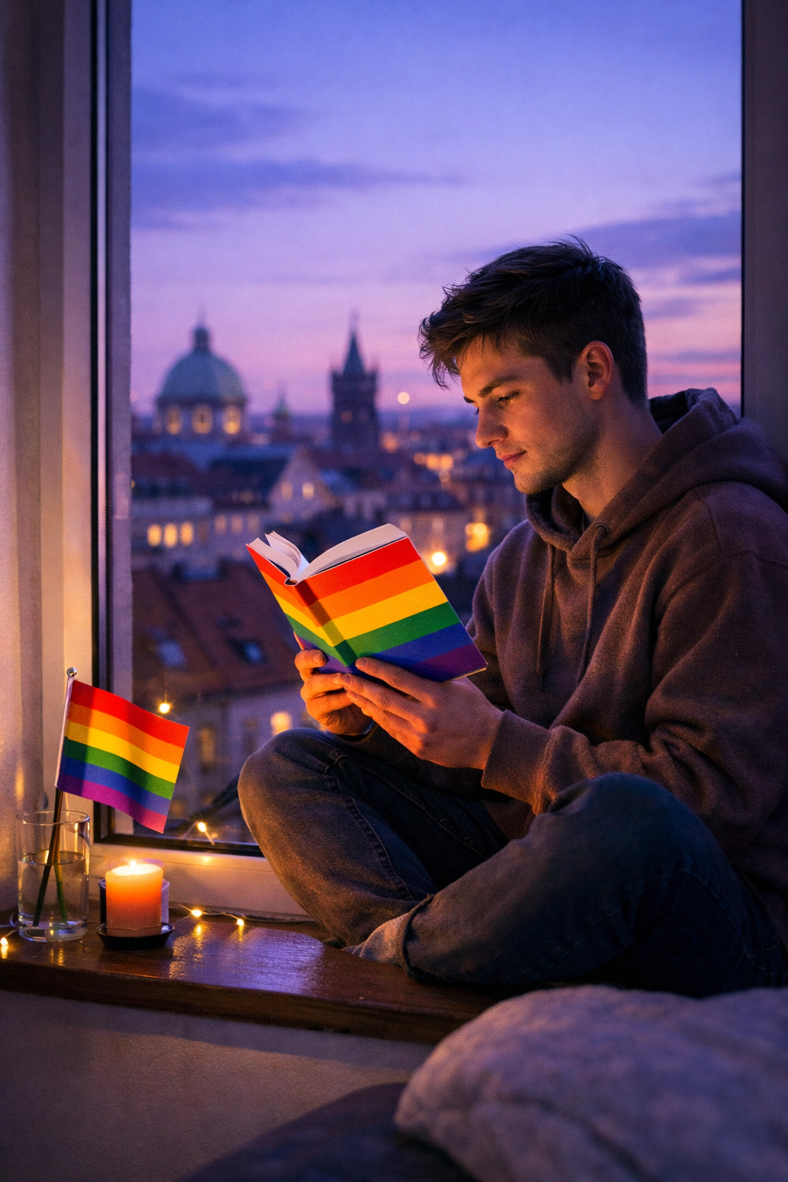 A young man reading a gay romance book at dusk, finding sanctuary and connection in LGBTQ+ literature.