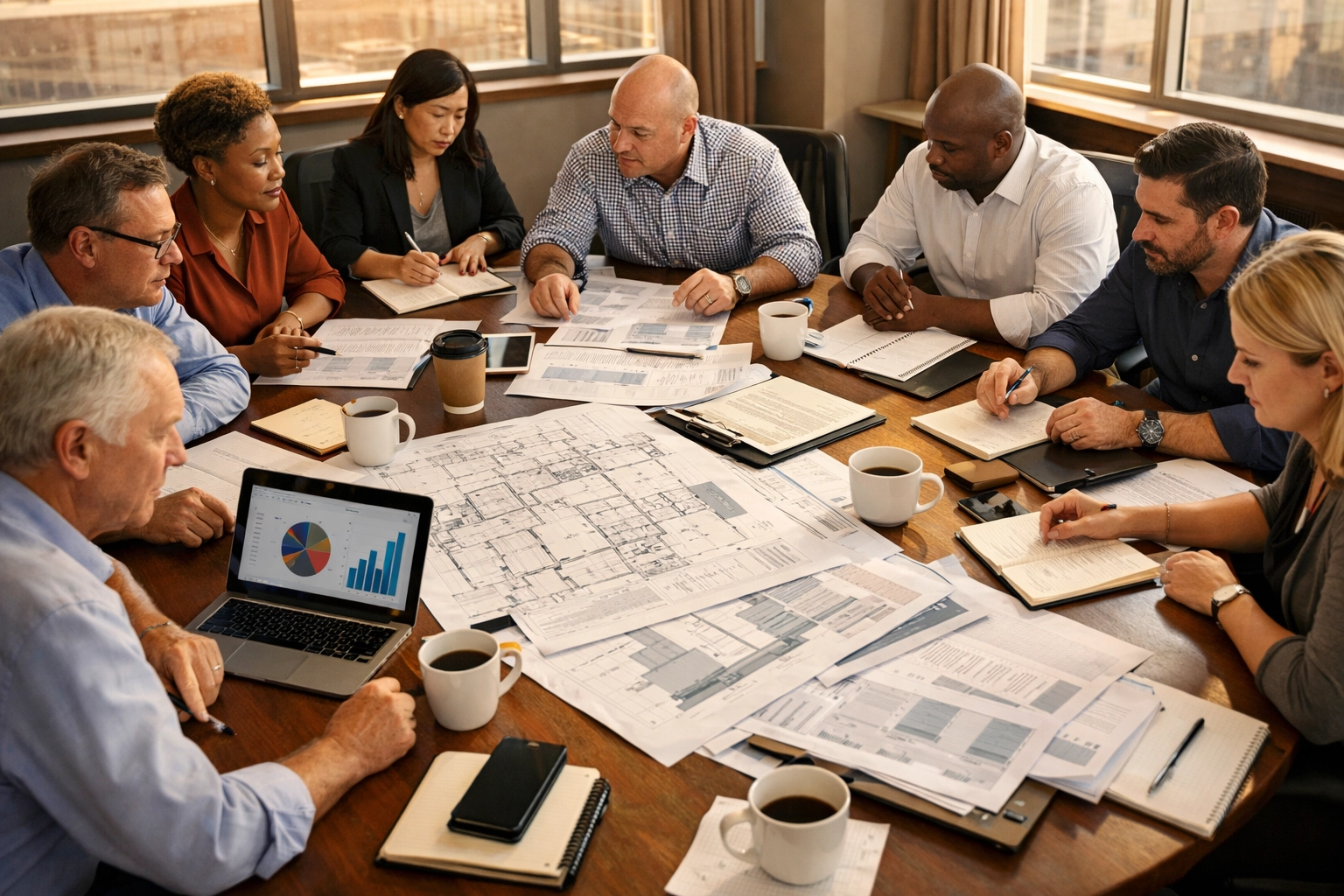 Restaurant executives reviewing franchise expansion plans and financial analysis for multi-unit growth