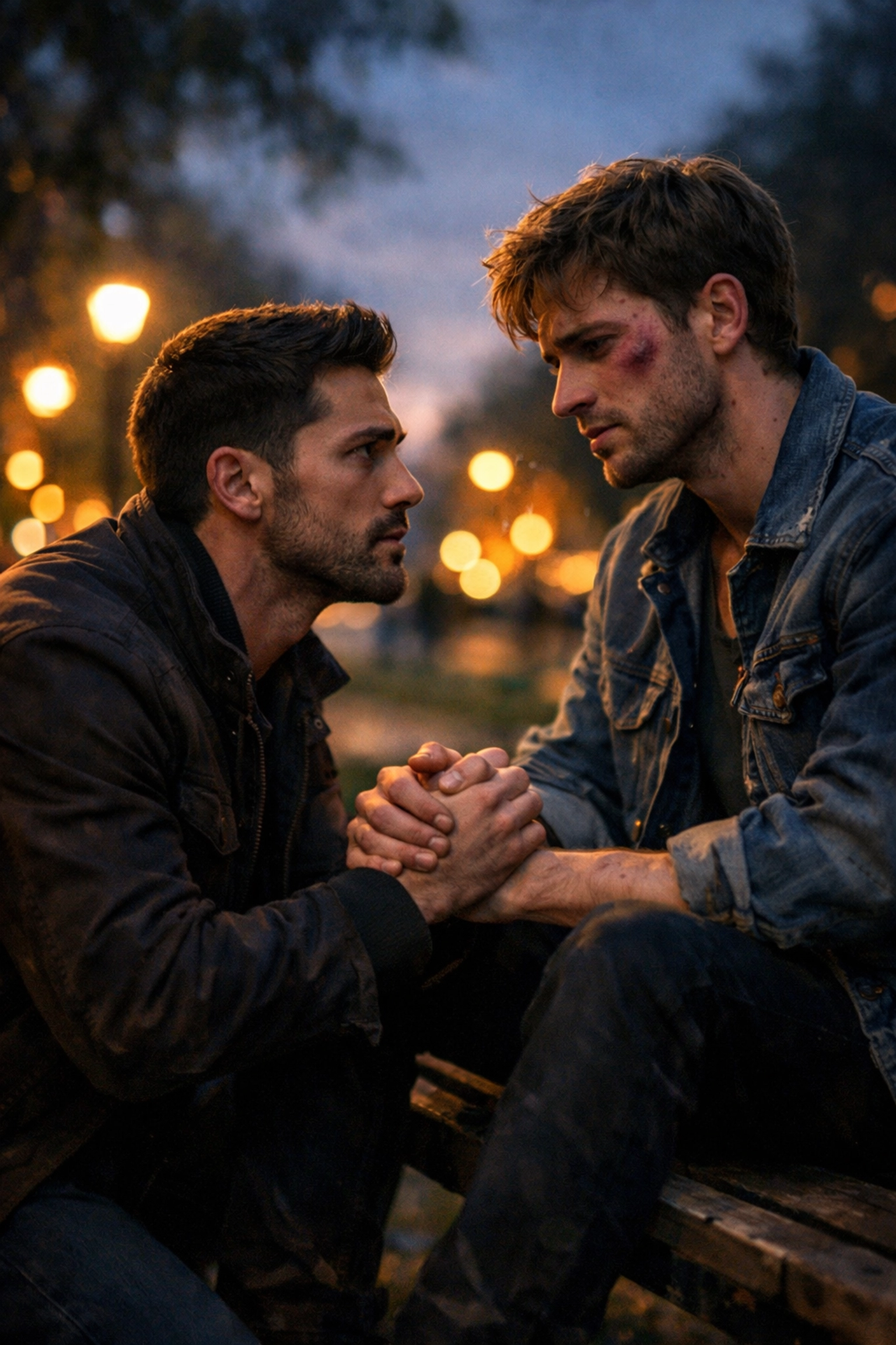 A protective moment between two men in a park, highlighting a popular emotional trope in MM romance books.