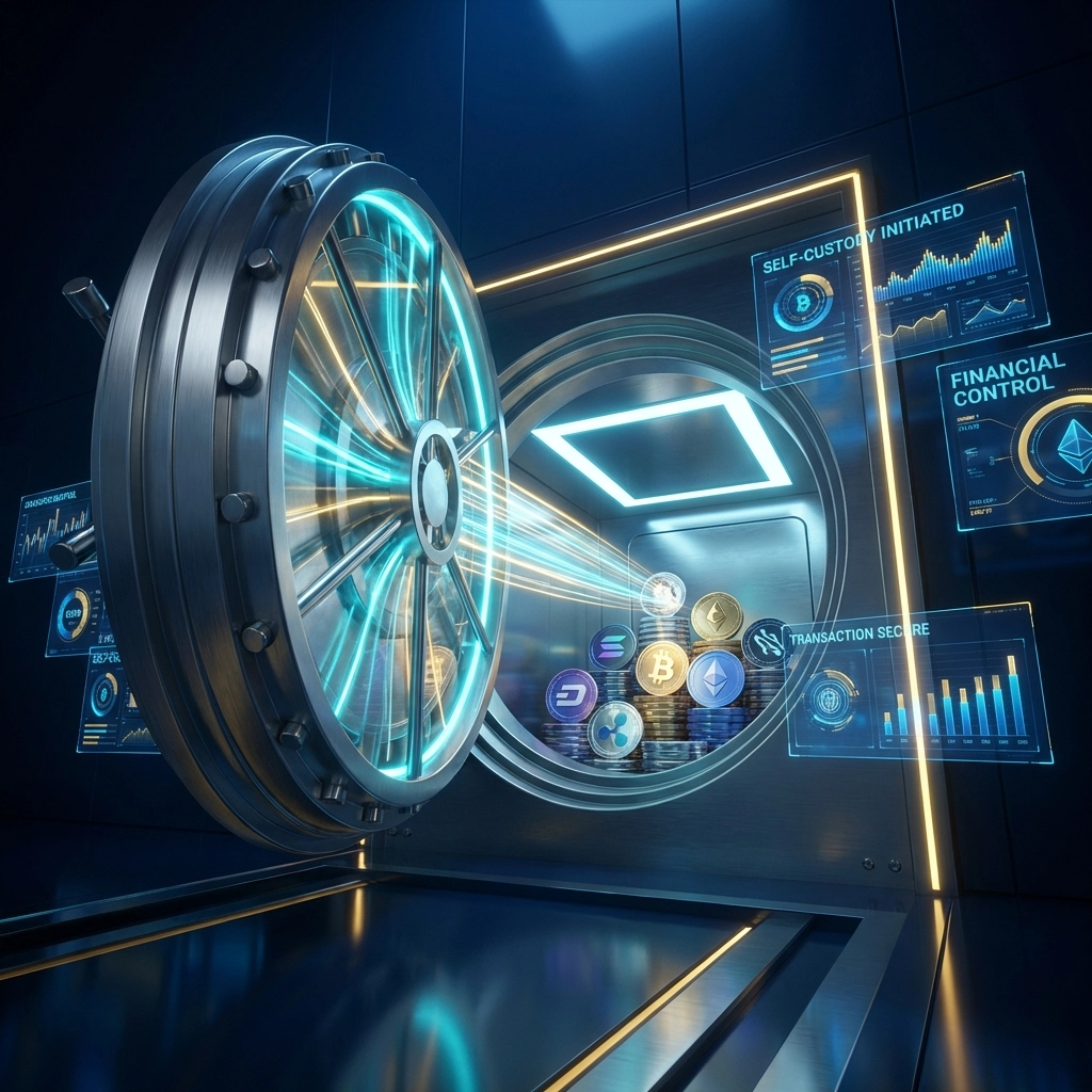 A secure digital vault showcasing self-custody of cryptocurrency for merchant control, highlighting Web3 financial sovereignty.