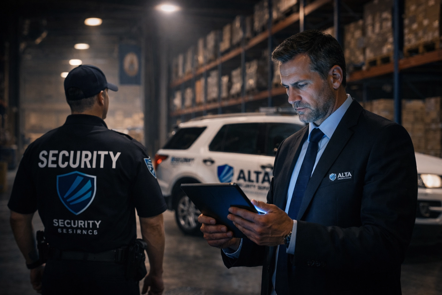 Security professional conducting business risk assessment in Richmond warehouse