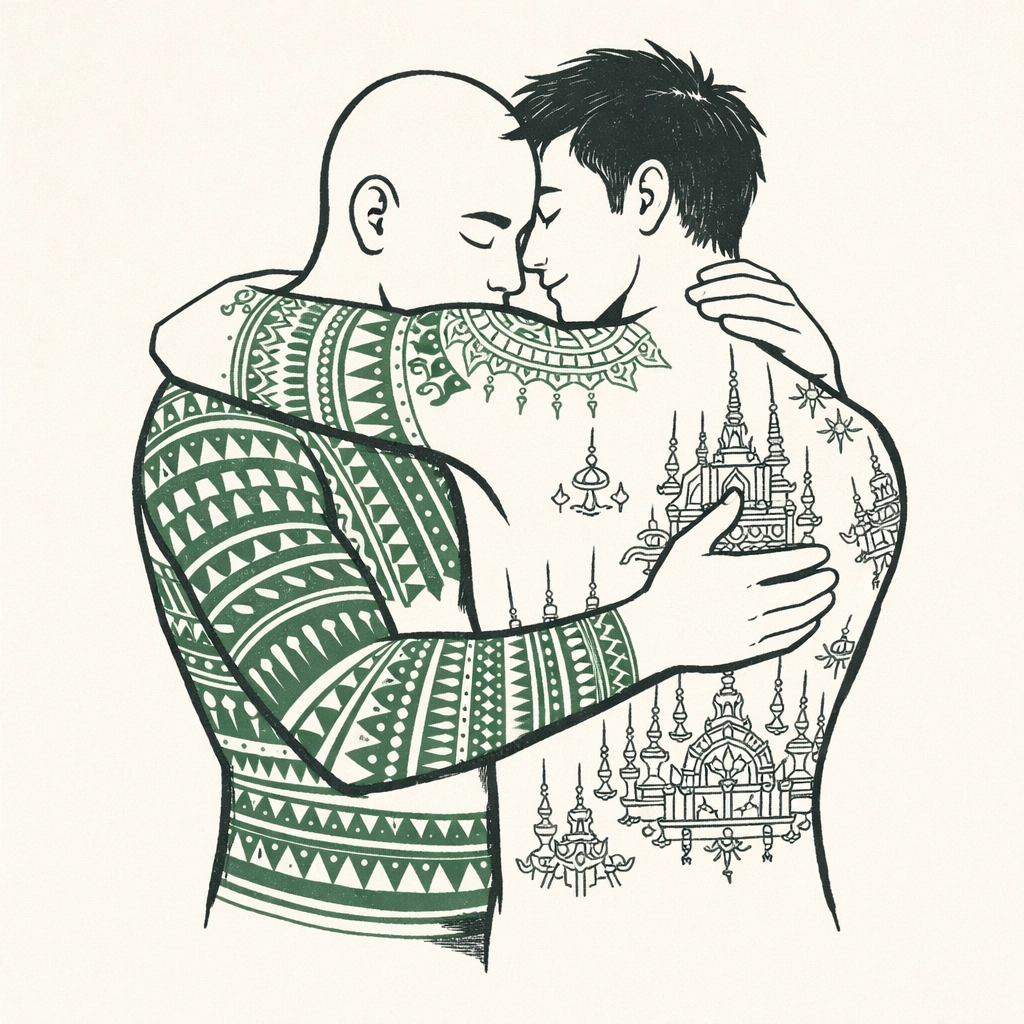 Two gay men embracing with Samoan pe'a and Thai Sak Yant traditional cultural tattoos