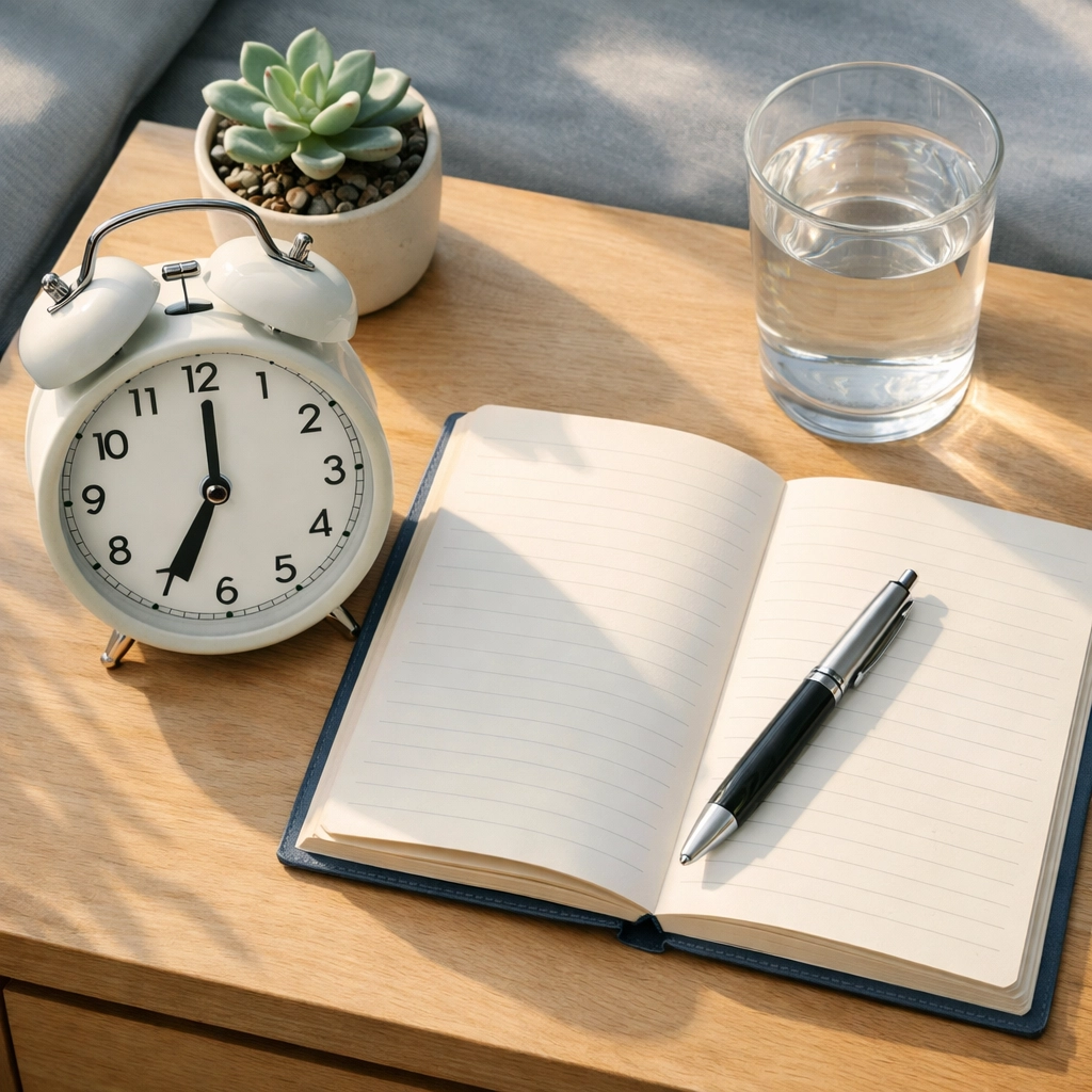 Alarm clock and journal on bedside table showing consistent 7 AM wake time for social rhythm therapy