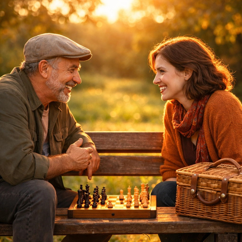 Friends enjoying a digital-free conversation and a game of chess outdoors during sunset.