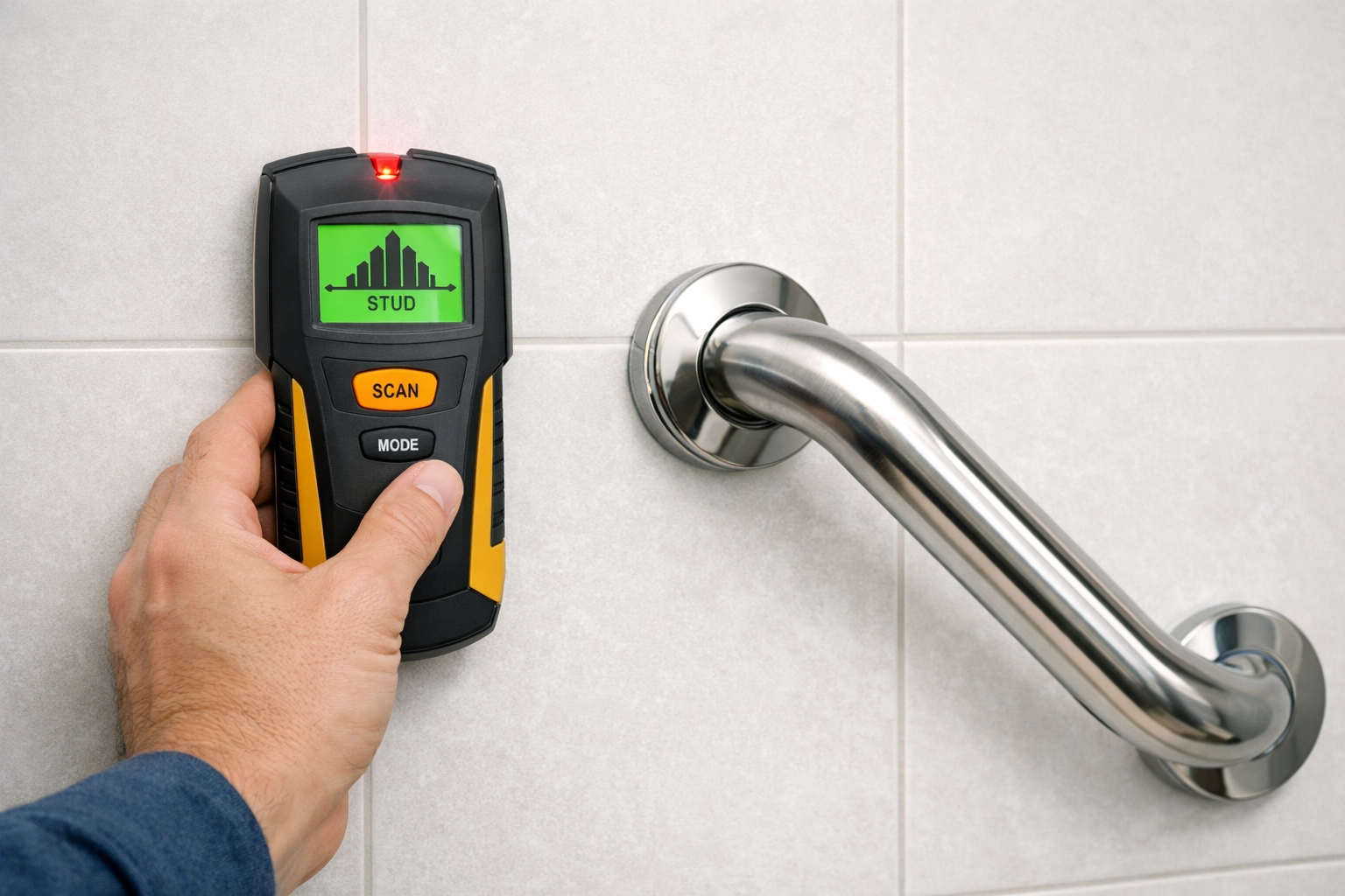 Hand using a stud finder to install a stainless steel bathroom grab bar into wall studs for home safety.