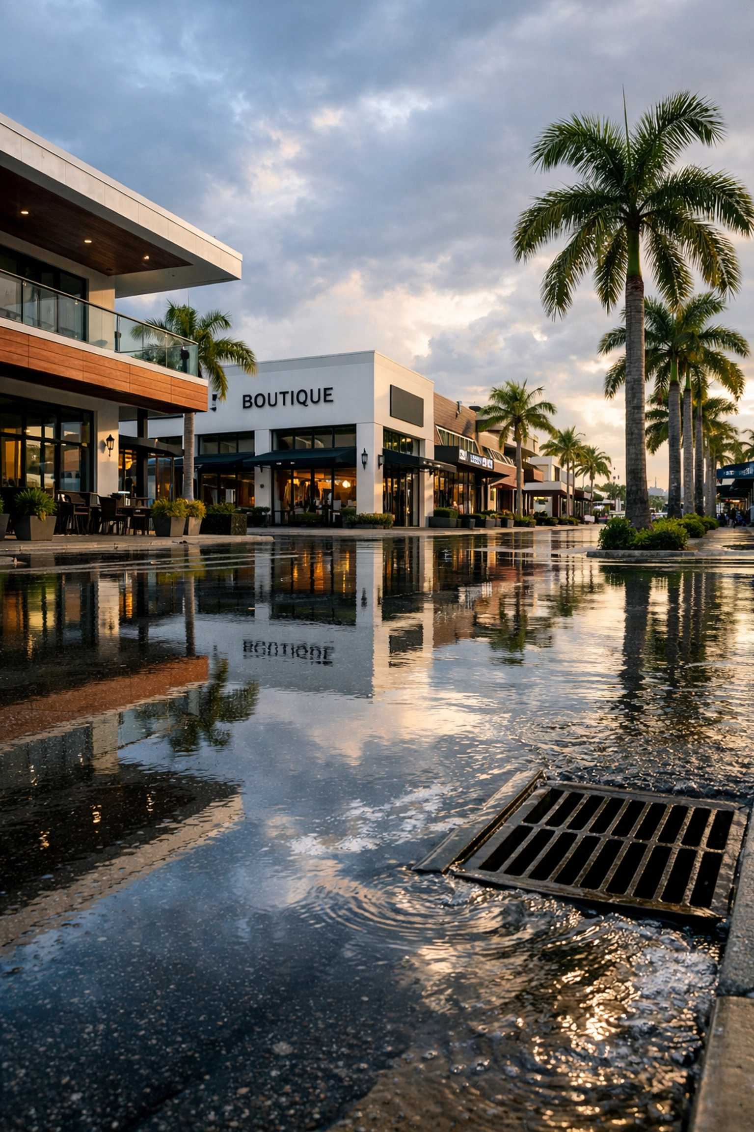 Surface water pooling on a Florida commercial street after a heavy rainstorm highlighting flood risk.