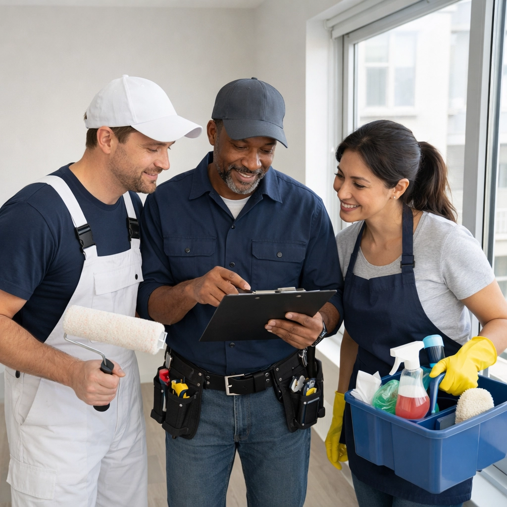 Coordinated apartment turnover team with painter, maintenance worker, and cleaner collaborating