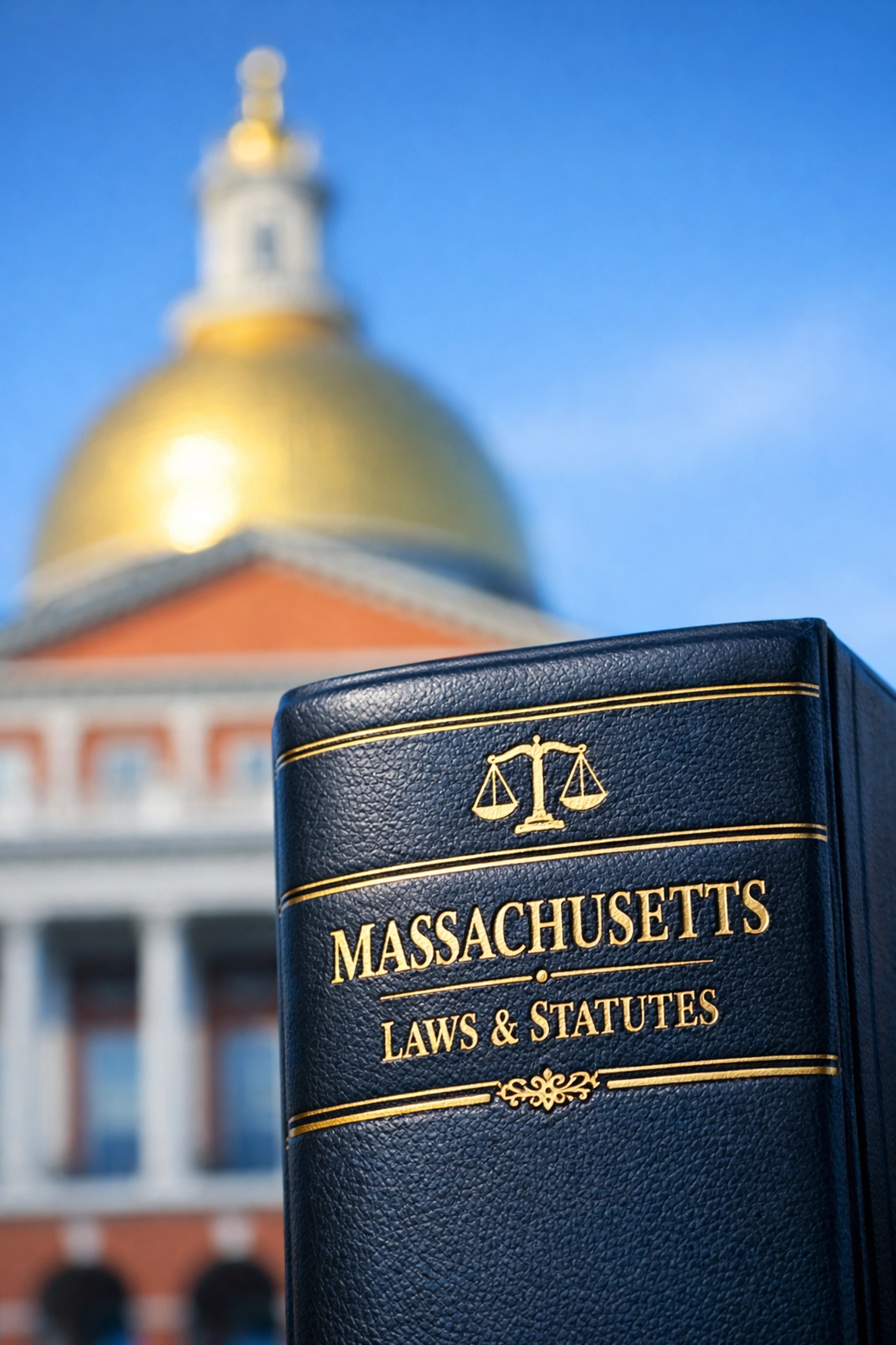 Massachusetts State House and legal books representing dog bite laws
