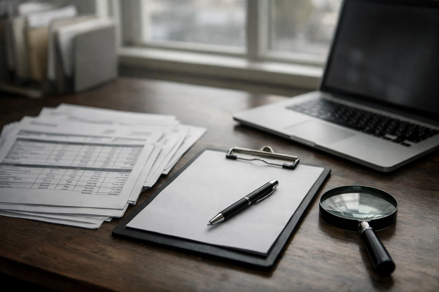 Corporate fraud investigation desk with vendor invoices and financial documents (no text or logos)