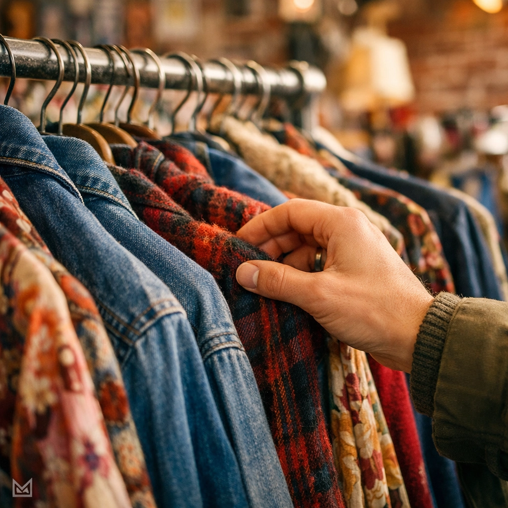 Browsing colorful vintage clothes at a local thrift store in Montreal's Plateau neighborhood.