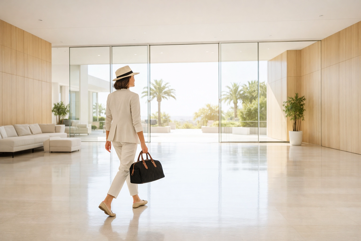 A guest walking freely through a bright hotel lobby, illustrating a seamless walk-away checkout experience.