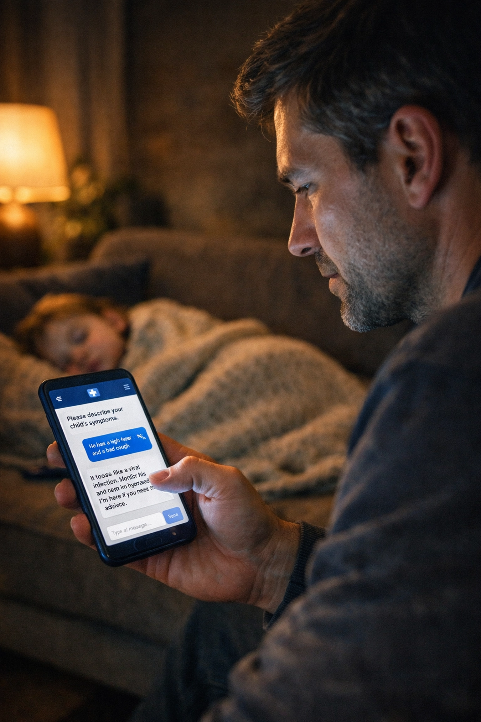 A father uses 24/7 online medical chat on his smartphone to get instant care for his sleeping child at night.