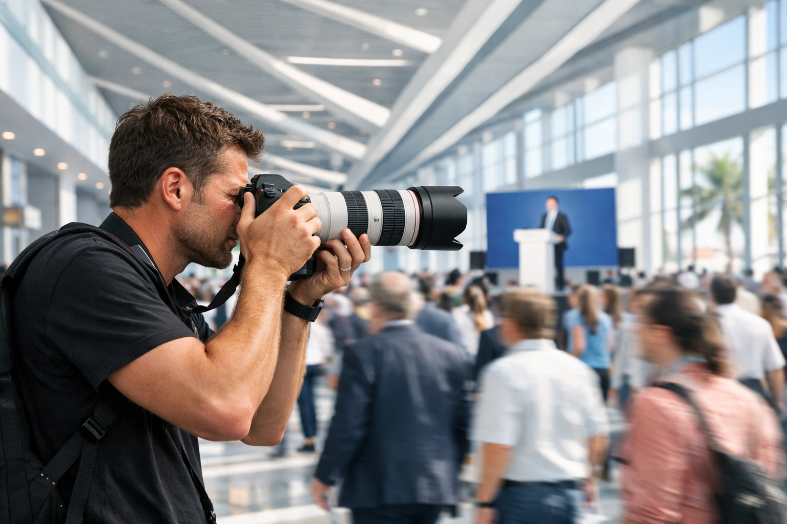 Experienced trade show photographer in Miami capturing candid moments and speakers at a convention center.