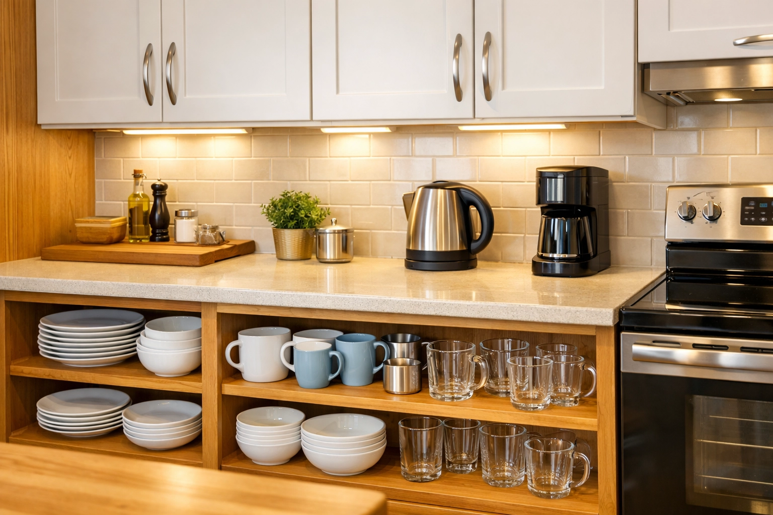 Accessible kitchen organization with items at waist height for seniors